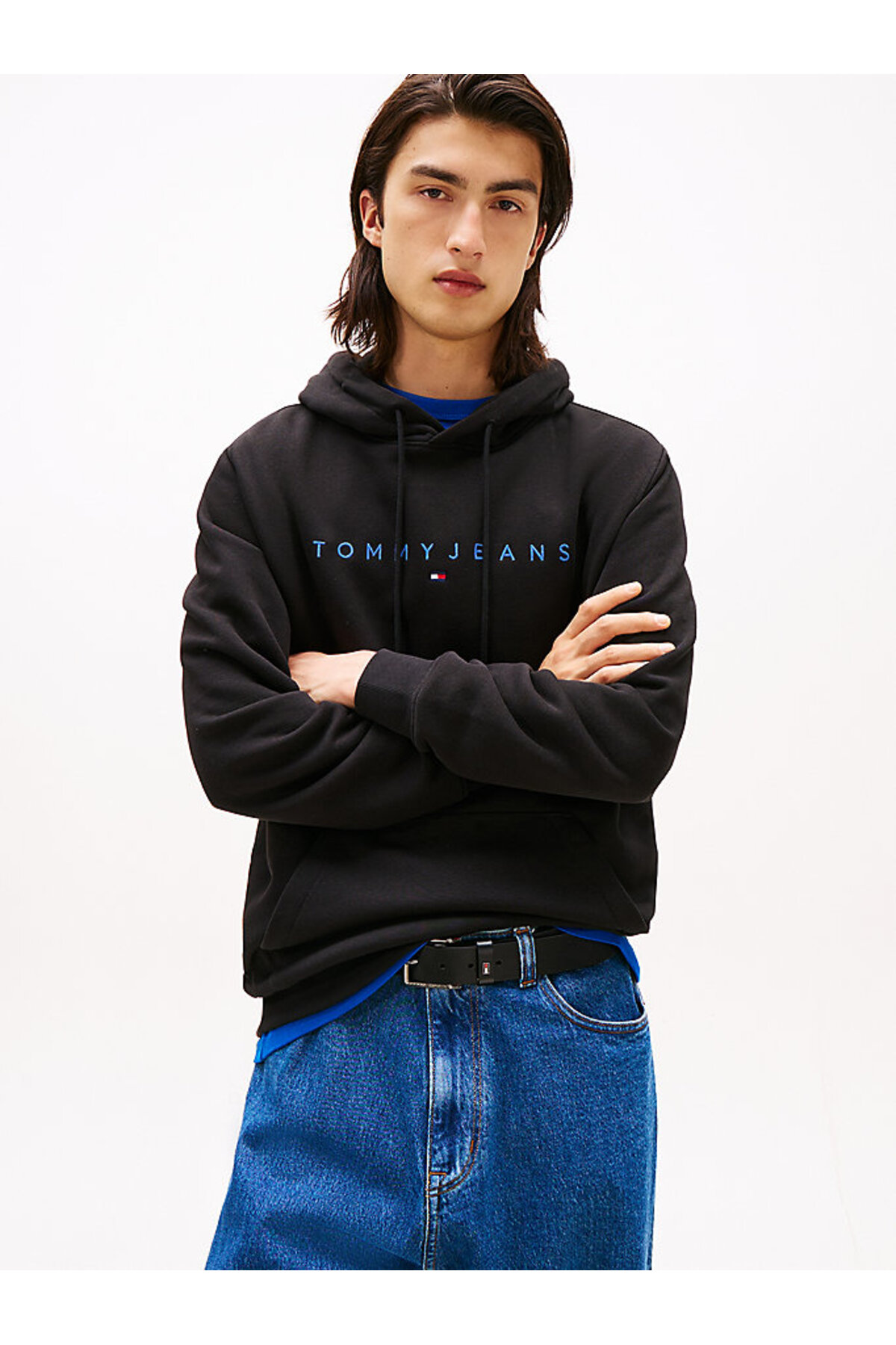 تامی هیلفیگر هودی مردانه مشکی طرح لوگو خطی Tjm Reg