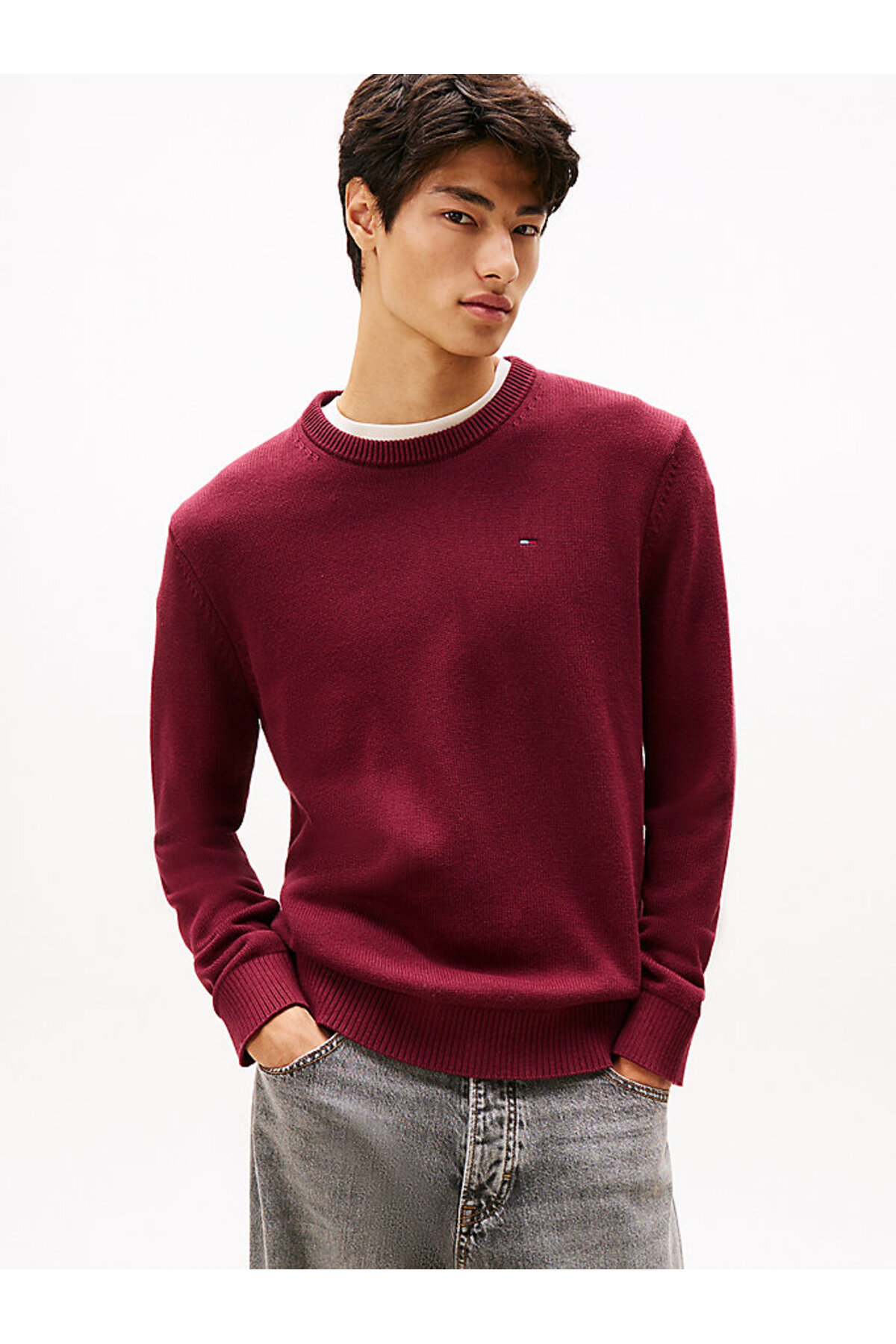 تامی هیلفیگر ژاکت بافتنی مردانه یقه گرد اسلیم فیت - زرشکی