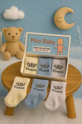 Pico Baby 3'lü Kutulu Yenidoğan Prens Desenli Pamuklu Soket Çorap