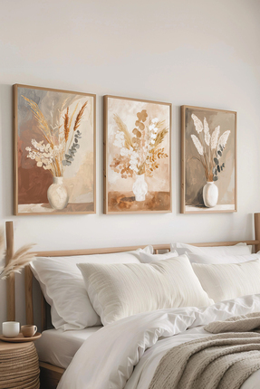 AR AJANS KANVAS TABLO Boho Dried Flowers 3’lü Set ÇERÇEVELİ dekortif MDF tablo