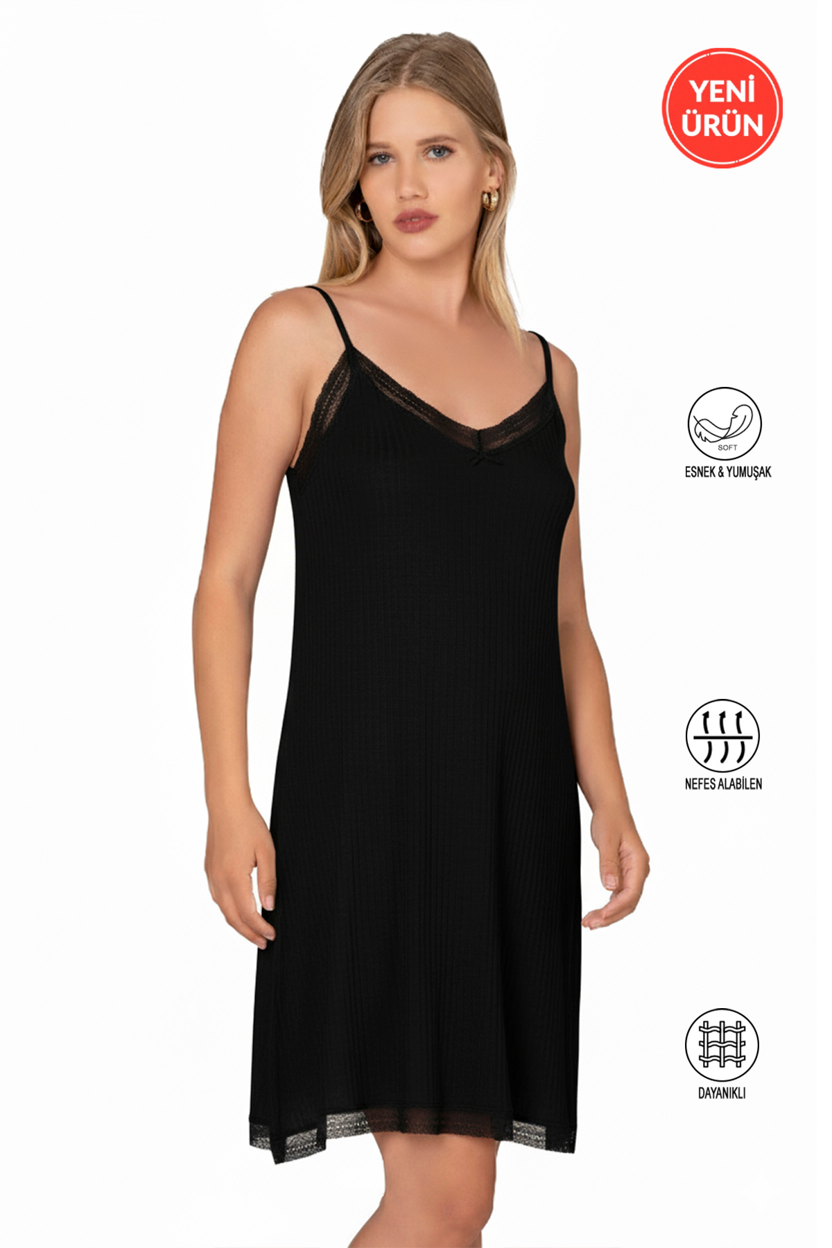 ÖZKAN underwear Özkan 27731 Kadın Viskon Premium Kumaş Kaşkorse Dantel Detaylı Diz Üstü Kombinezon Elbise Astar Jüp