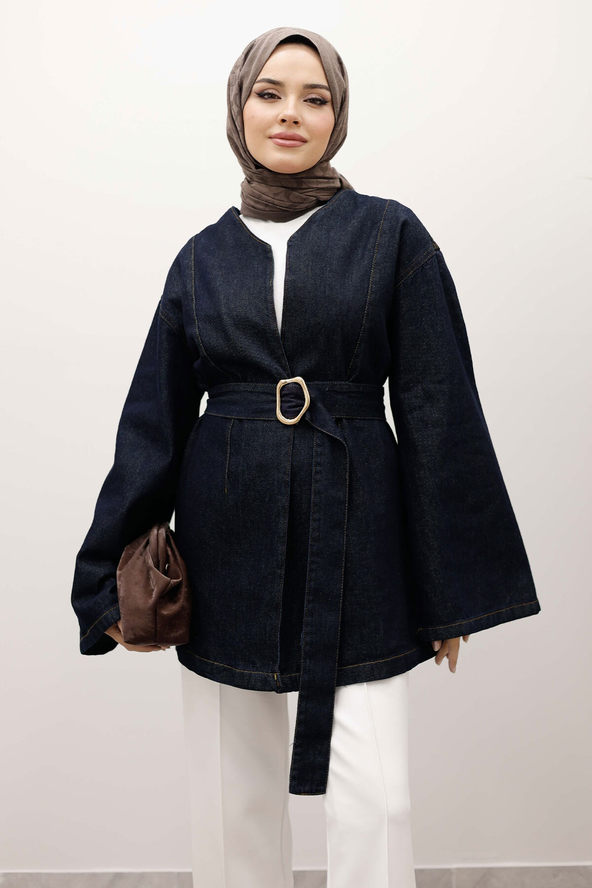 Tesettür Dünyası  Kemerli Kot Ceket TSD250251 Koyu Mavi
