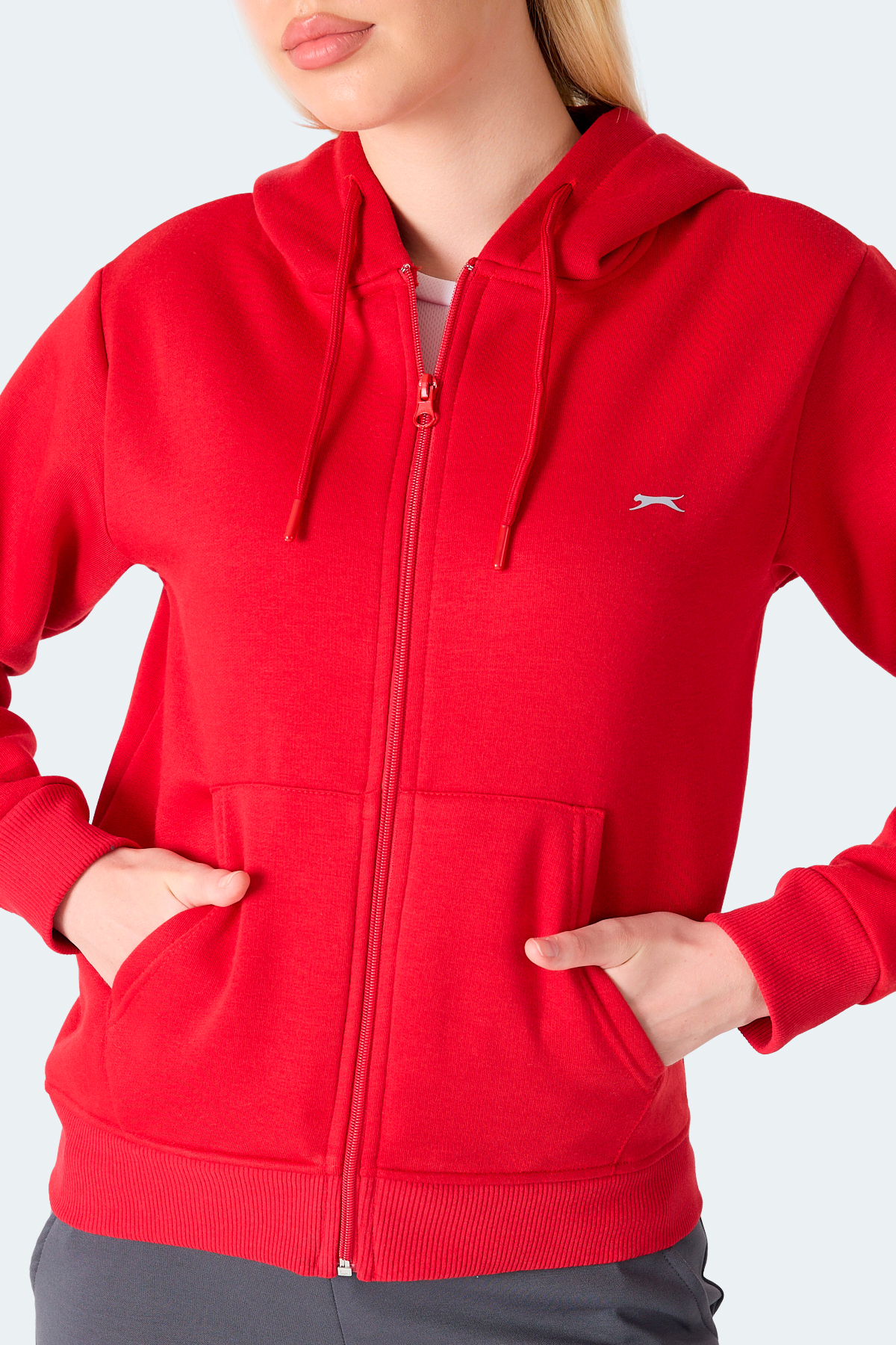 Slazenger MILIO I Kadın Fermuarlı Kapüşonlu Cepli Kırmızı Sweatshırt görsel 6