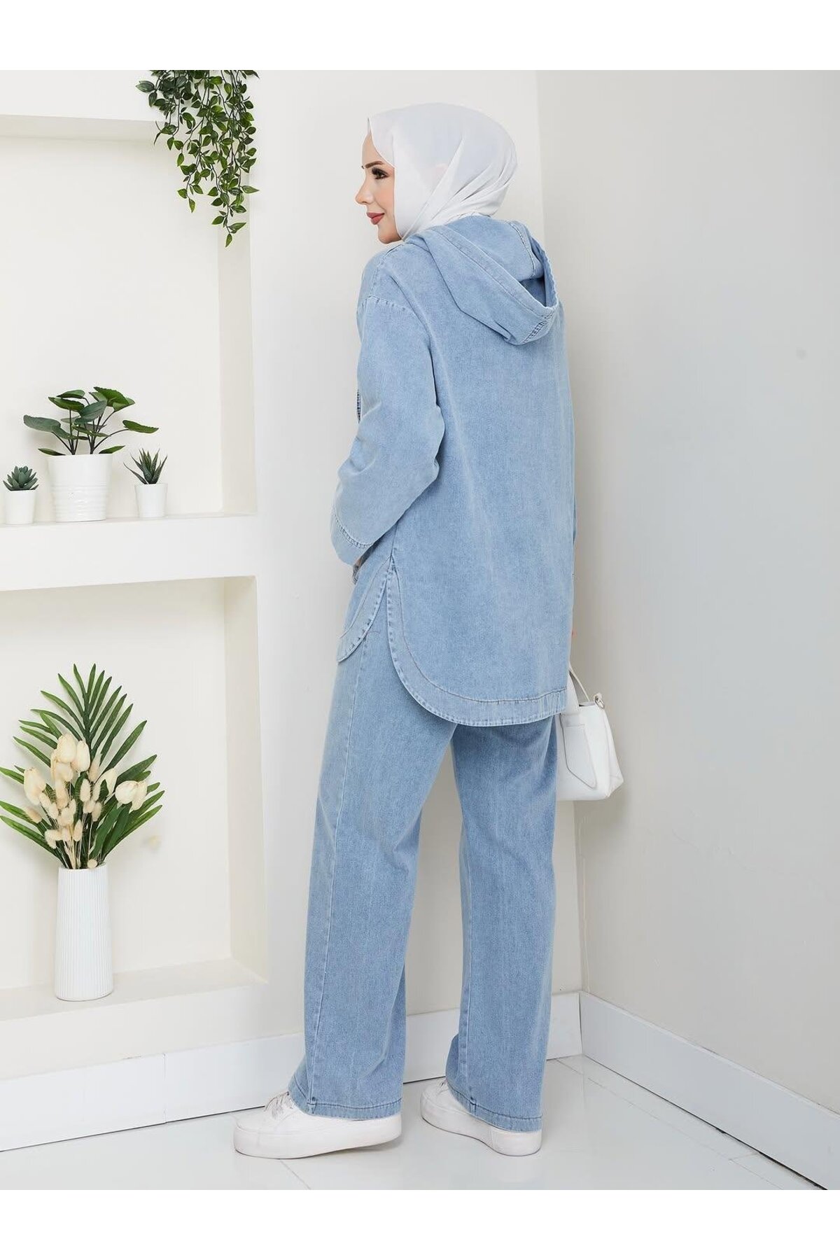 Hb Harma Time Butik  Kadın Kapüşonlu Cepli Kot Mavi Tunik Pantolon Takım - Görsel 5