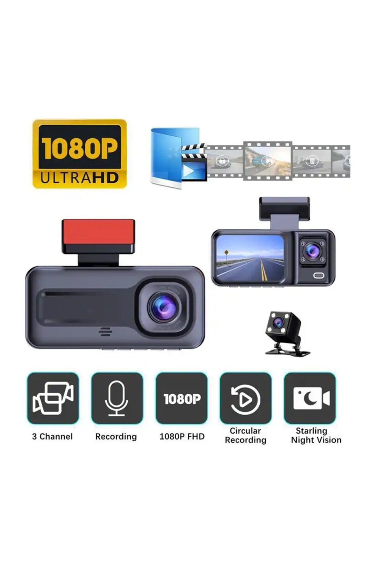 chimon Araç Içi Kamera 3 Kameralı 1080P Wiif LCD Ekranlı Gece Görüşlü Geri Görüş kamera Hareket Algılama