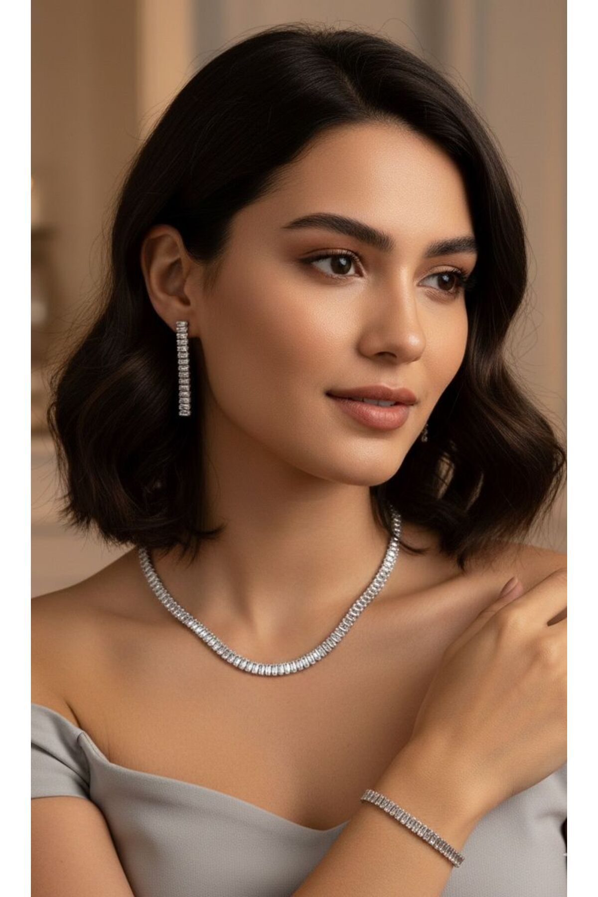 NaniShimmer Çelik Kolye Küpe Bileklik Set Şık Zarif Parlak Kararma Yapmaz Parlak