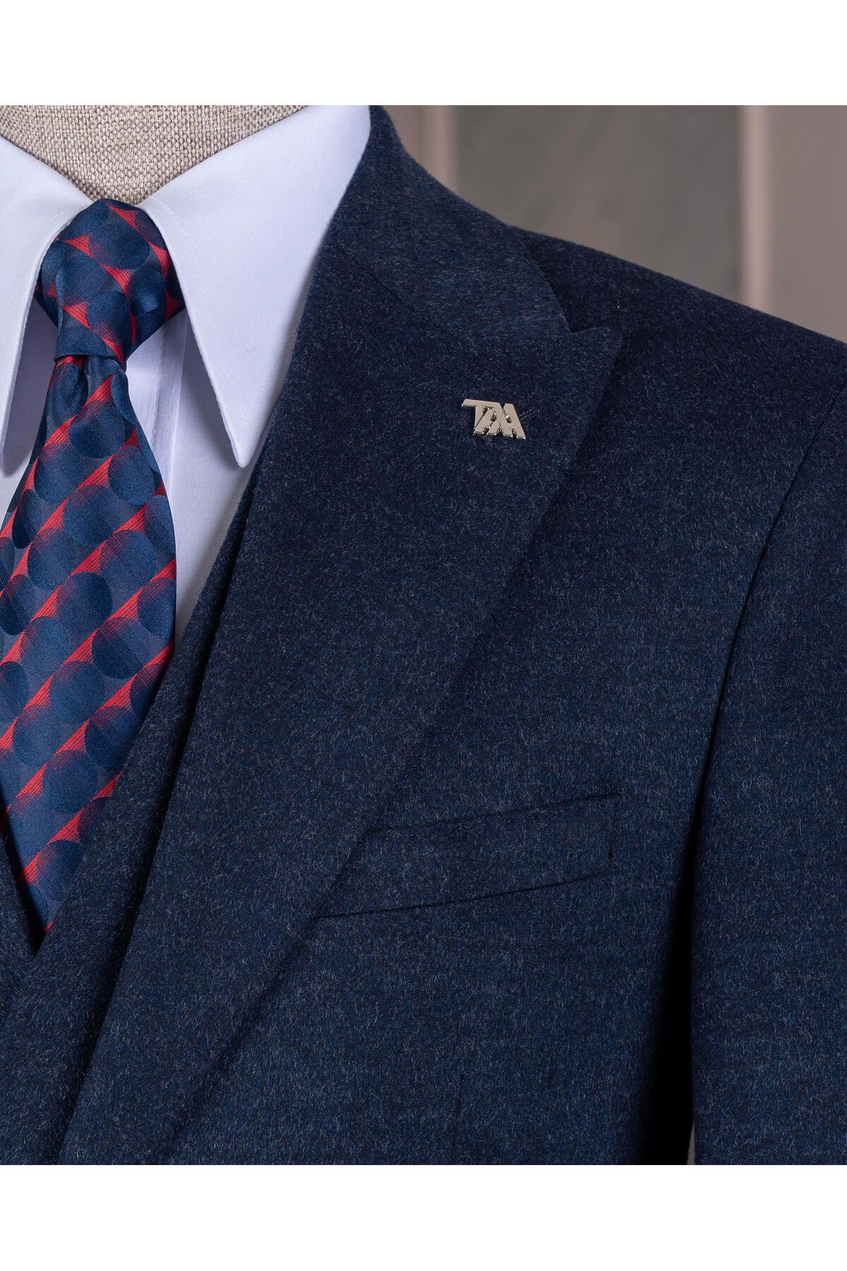 TerziAdemAltun İtalyan stil slim fit sivri yaka ceket yelek pantolon takım elbise lacivert T14678 görsel 3