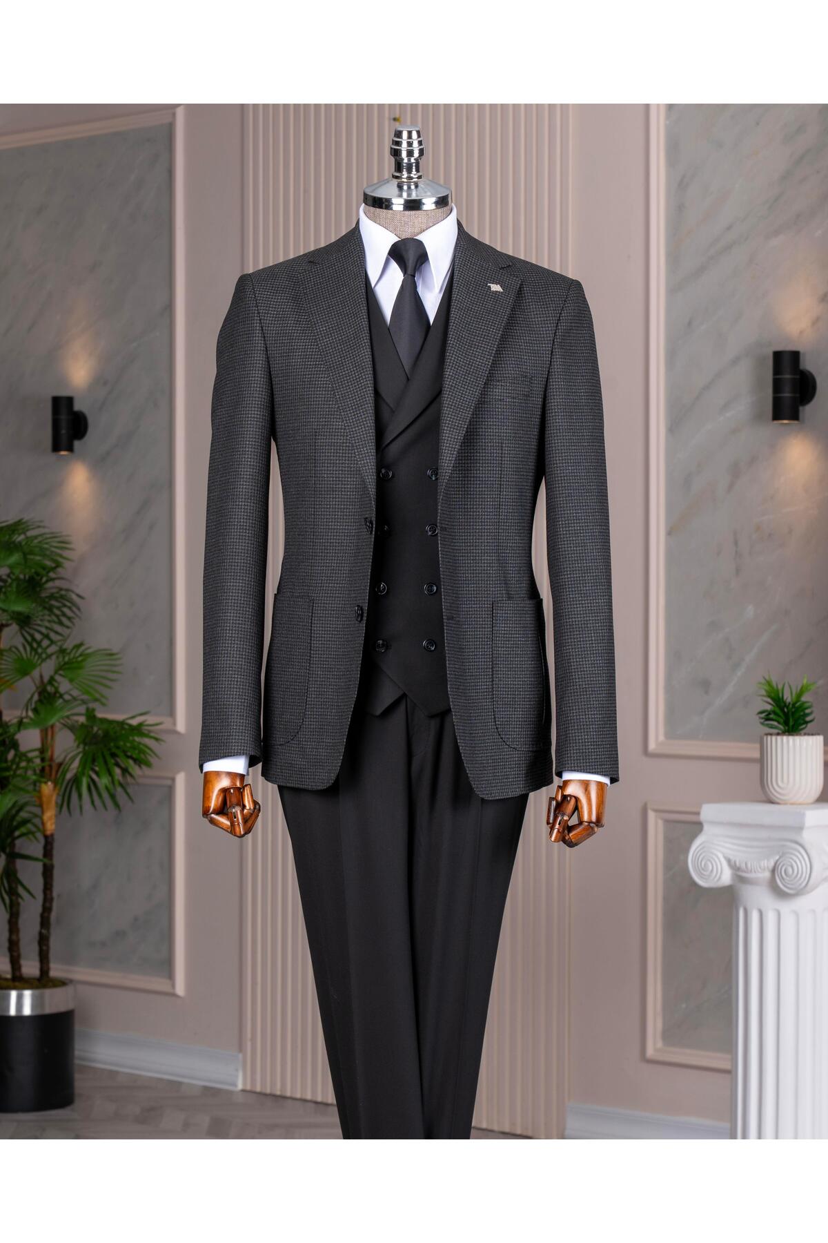 TerziAdemAltun İtalyan stil slim fit erkek ceket yelek pantolon takım elbise siyah T14641 görsel 4