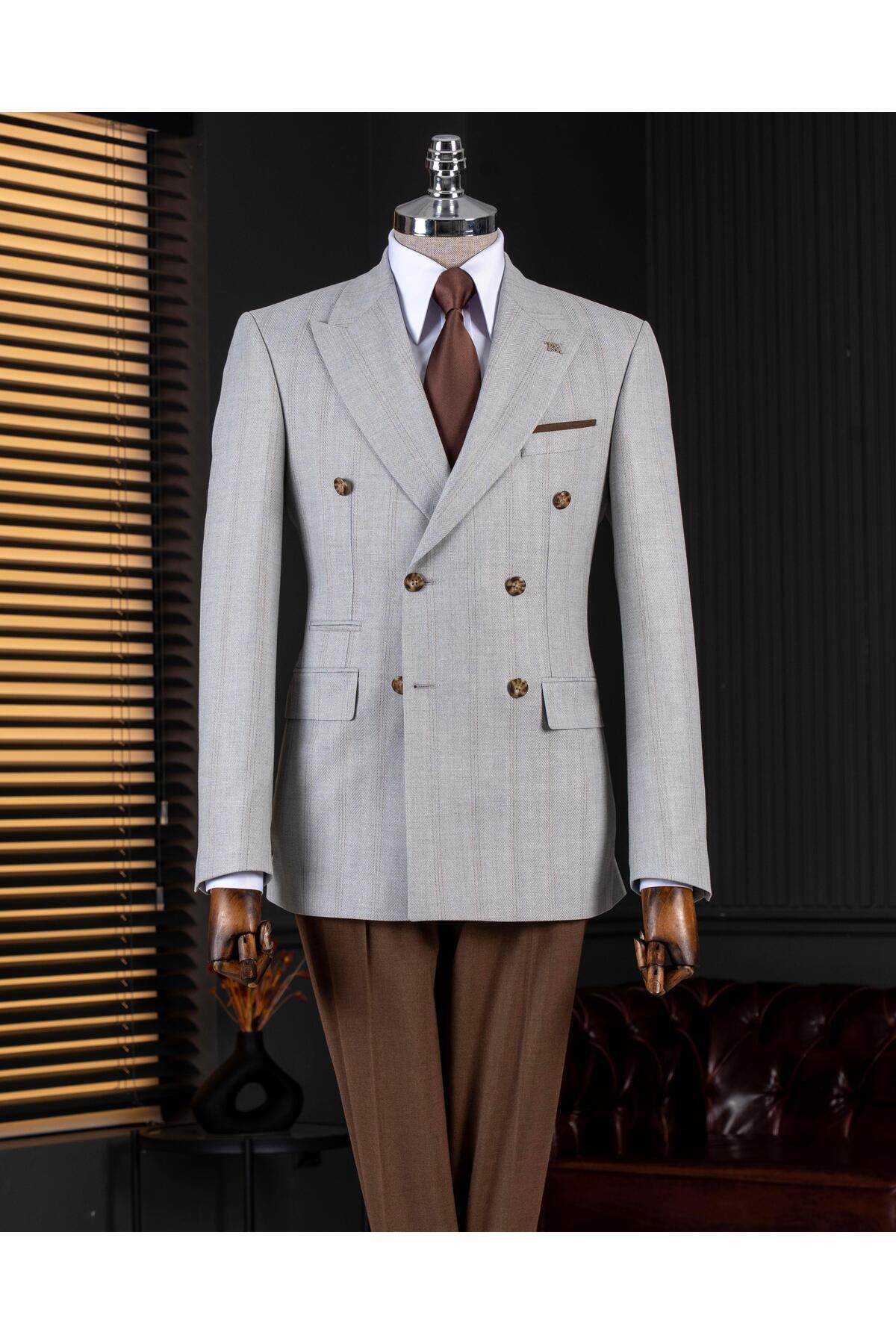 TerziAdemAltun Italian Style S Slim Fit K Double-Breasted Jacket Pants Combination Suit Grey 14661