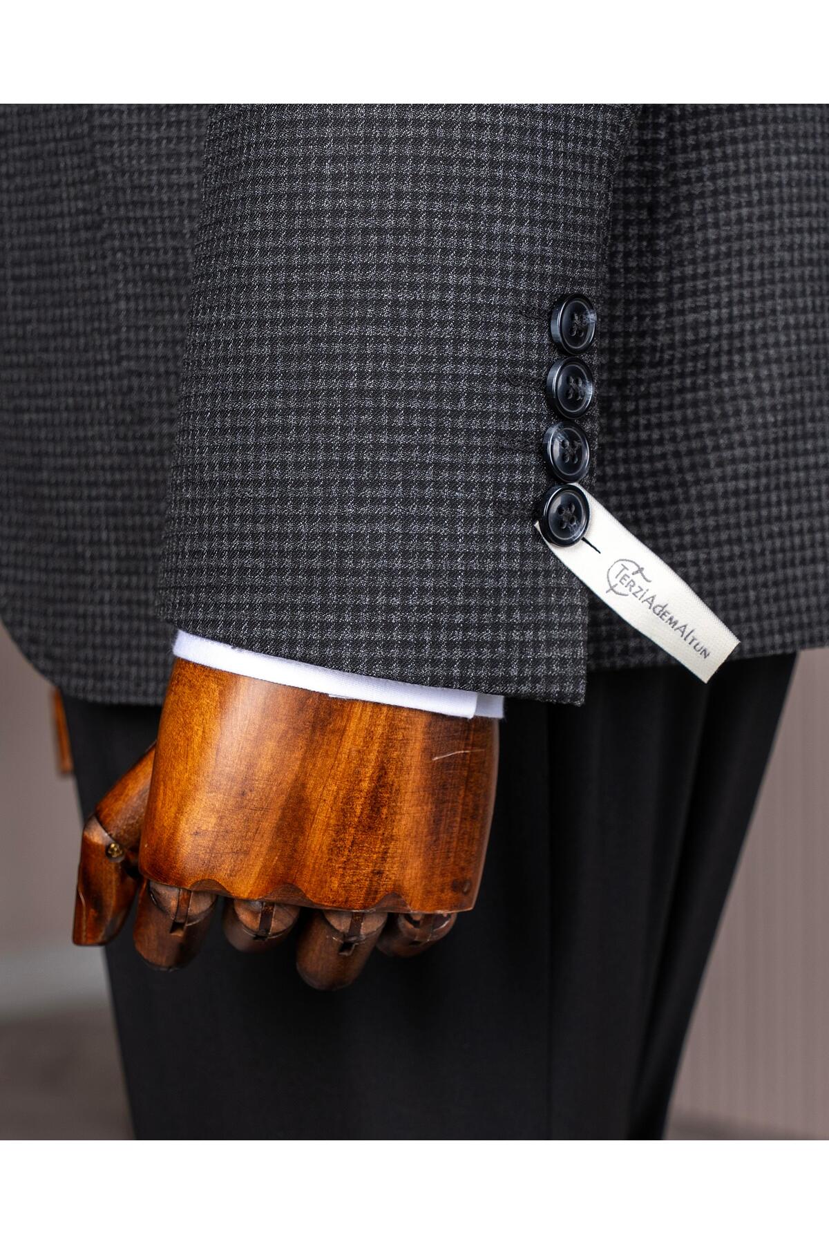 TerziAdemAltun İtalyan stil slim fit erkek ceket yelek pantolon takım elbise siyah T14641 görsel 6