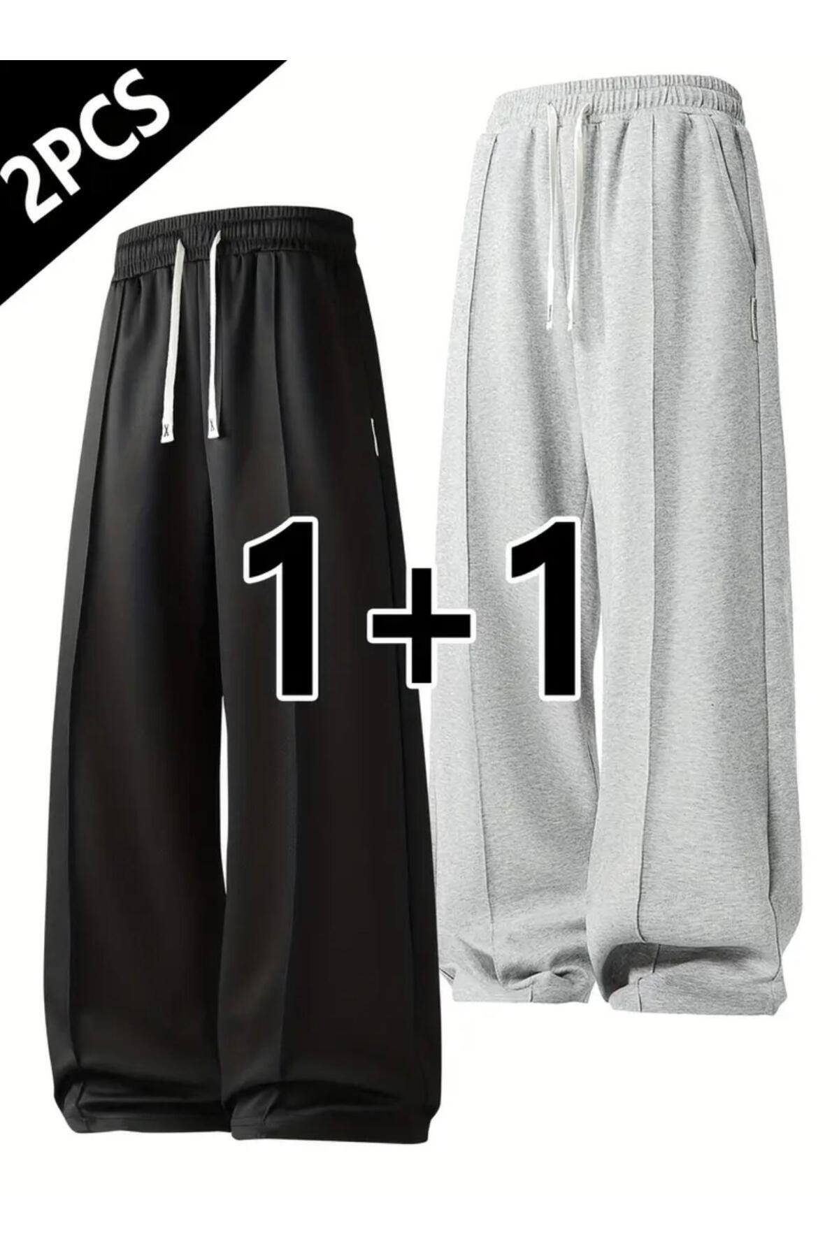 LACKH 2 чифта черни и сиви широки панталони от тренировъчен костюм с предни джобове, удобни, еластични и отблъскващи влагата