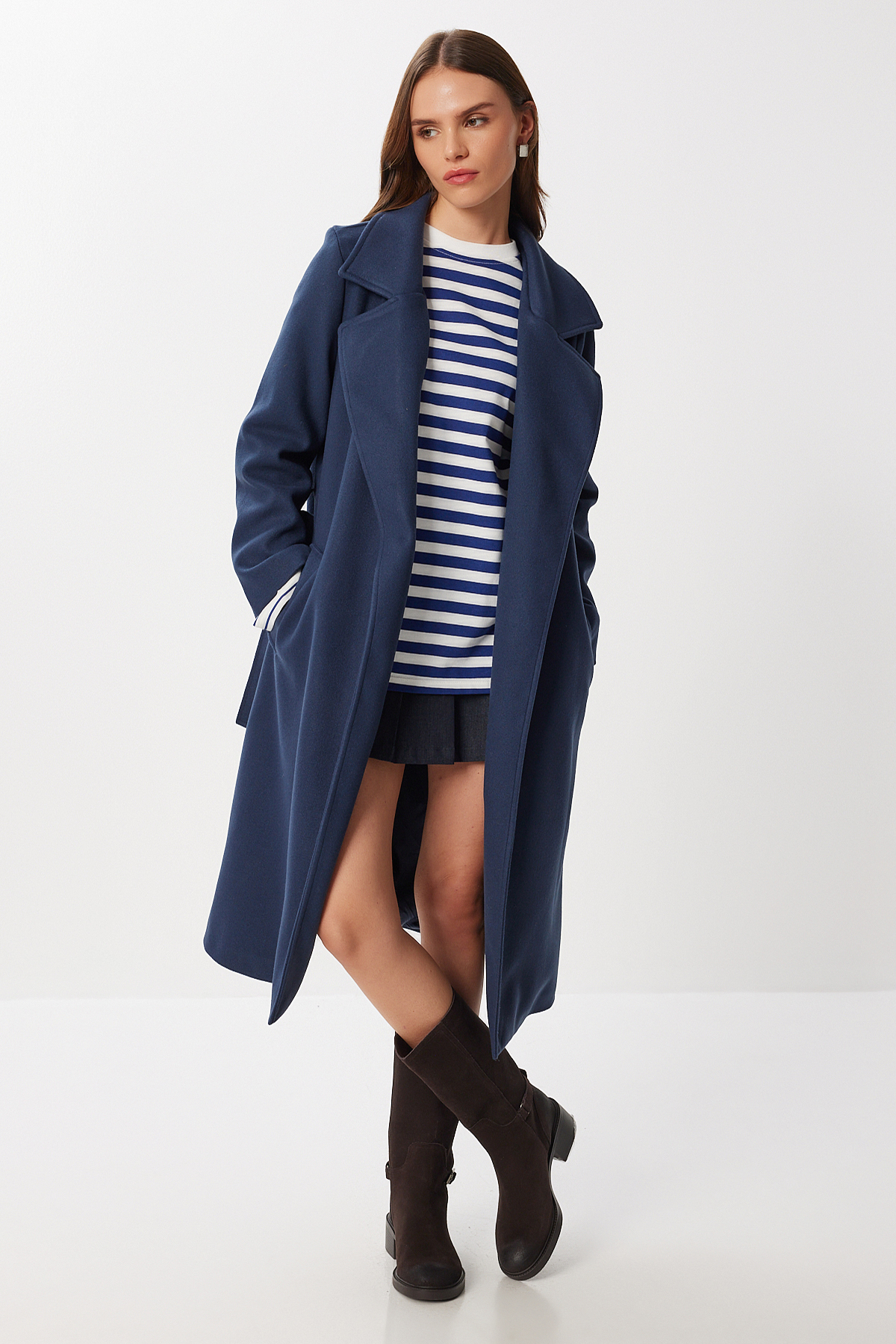 Lovelyİstanbul  Kruvaze Yaka Kuşaklı Kaşe Kaban LGP0030 LACİVERT