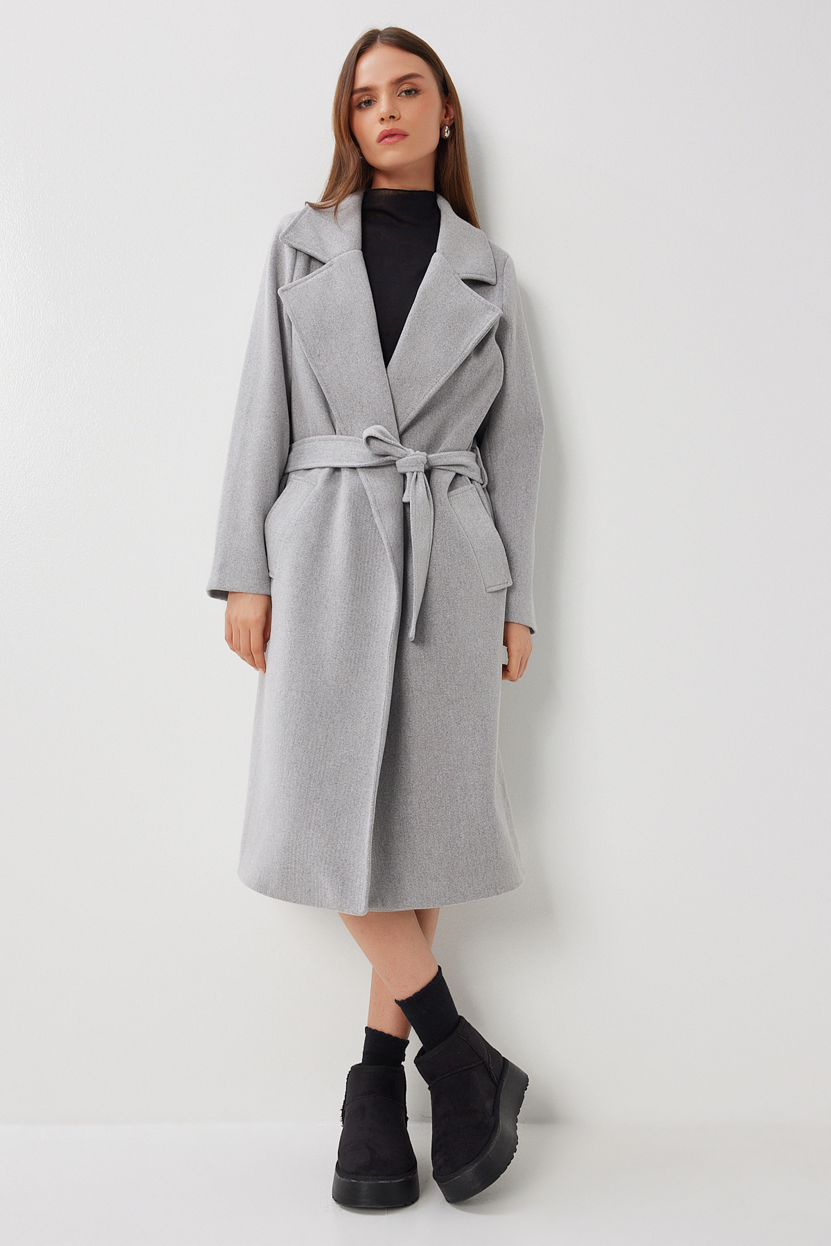 Lovelyİstanbul  Kruvaze Yaka Kuşaklı Kaşe Kaban LGP0030 GRİ - Görsel 5