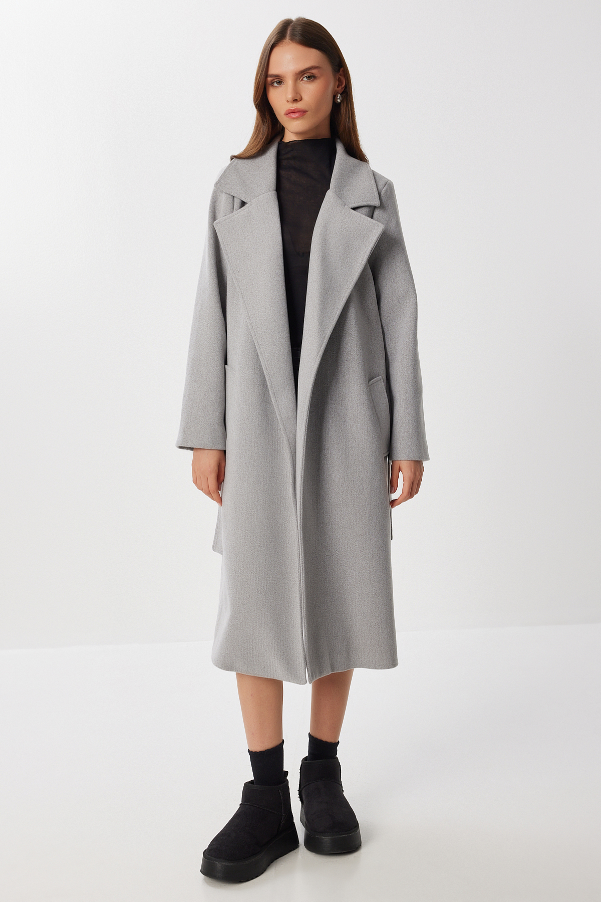 Lovelyİstanbul  Kruvaze Yaka Kuşaklı Kaşe Kaban LGP0030 GRİ - Görsel 4