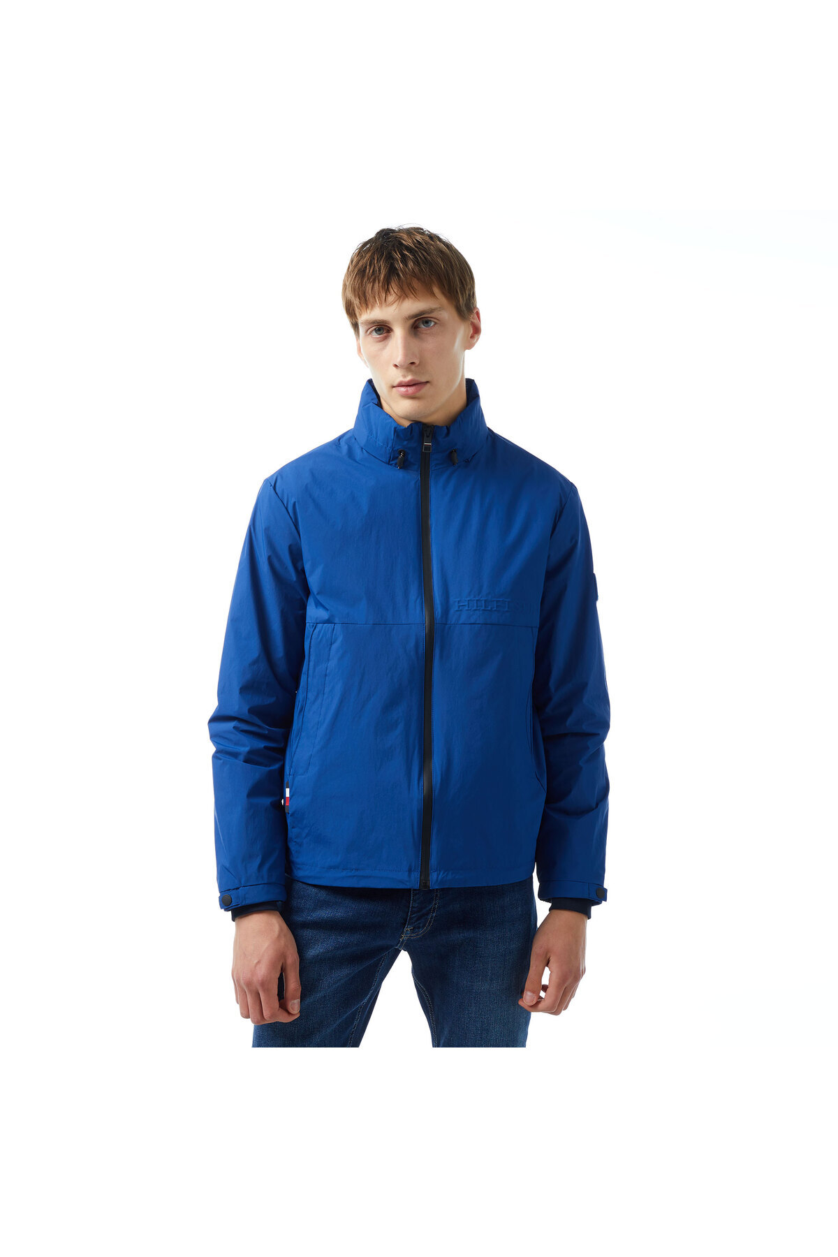 تامی هیلفیگر کاپشن مردانه یقه ایستاده زیپ‌دار آبی با لوگوی برند MW0MW34454-C5J