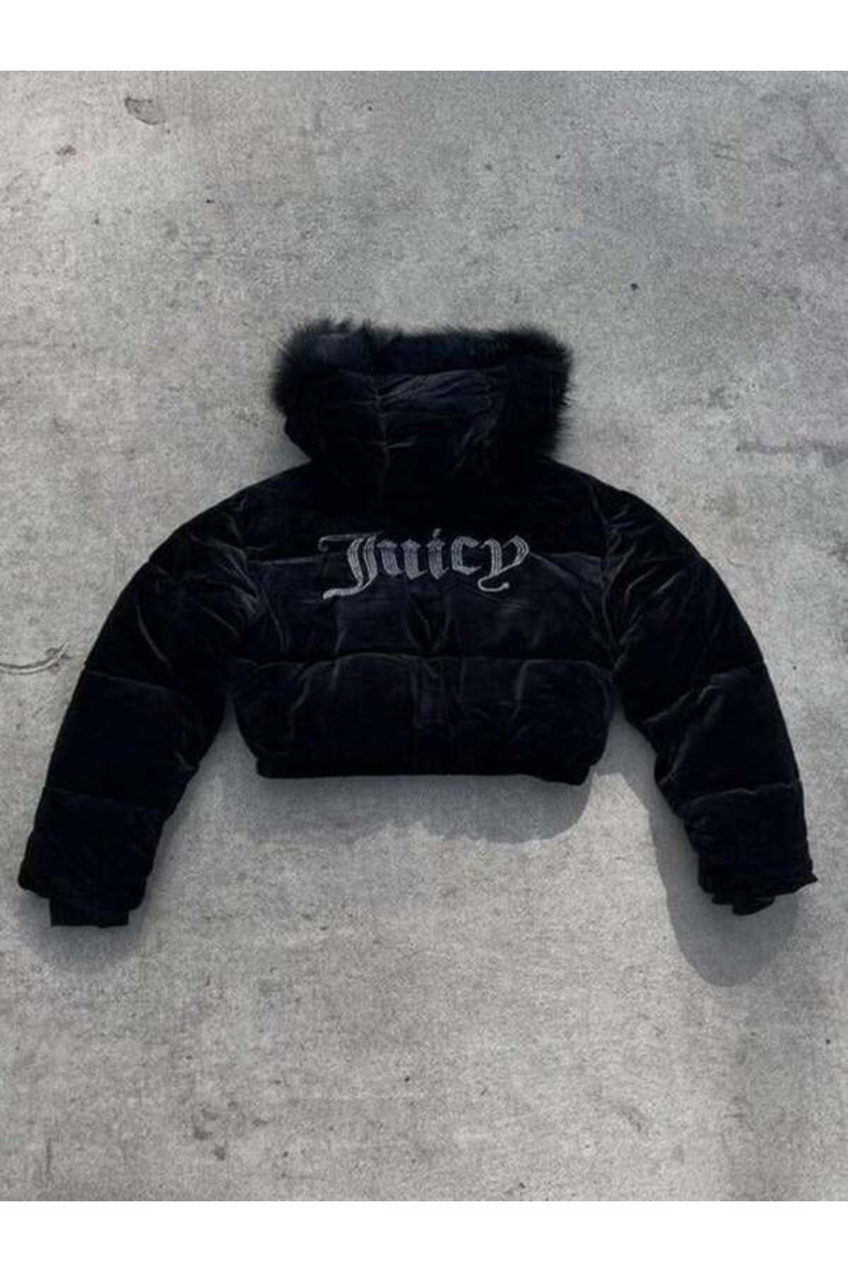 BALİNA  Siyah Juicy Taş Baskılı Şişme Bomber Crop Mont - Görsel 4