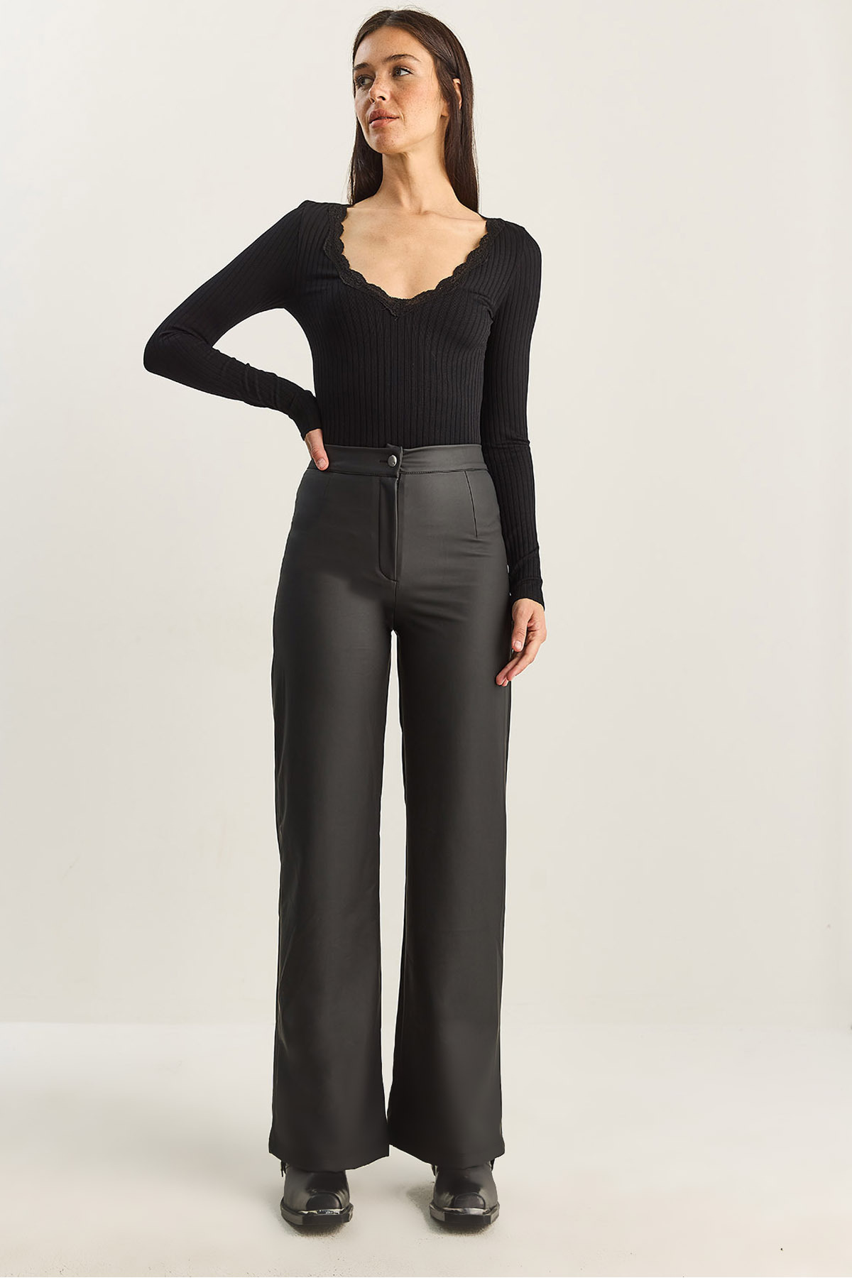 Bianco Lucci Kadın Yüksek Bel Mat Suni Deri Palazzo Pantolon 2035 60282039