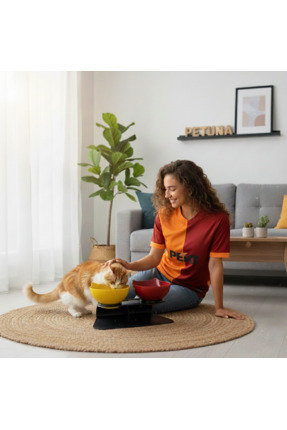 Petuna İki Hazneli Kedi Kafalı Antrasit Standlı Sarı Kırmızı Kedi Mama ve Su ...