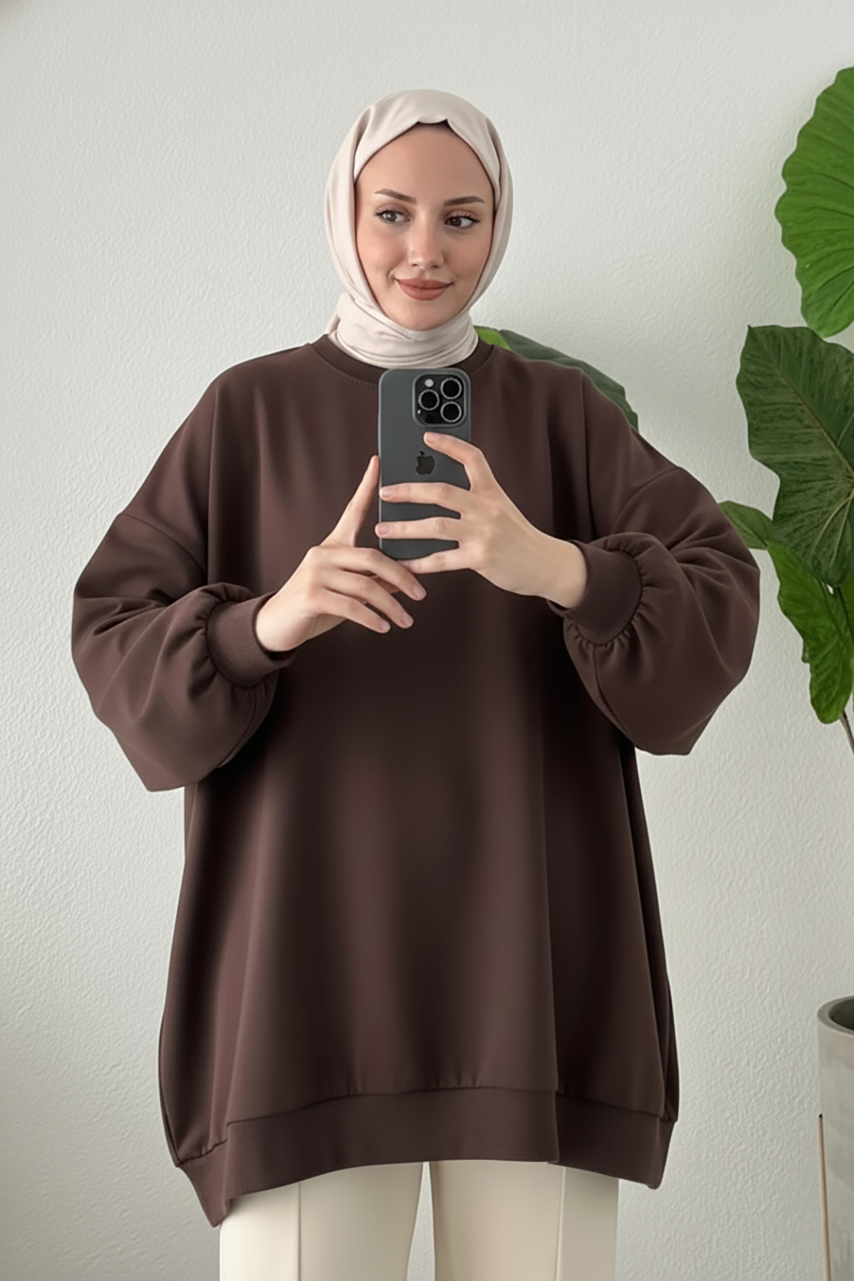 Suede Style  3044 - Rahat, Salaş Basic Kadın Uzun Sweatshirt - Görsel 3