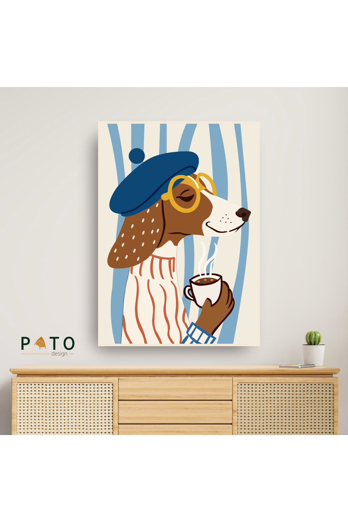 'Coffee Drinking Dog' Painting | Beige Framed | MDF & UV Printing