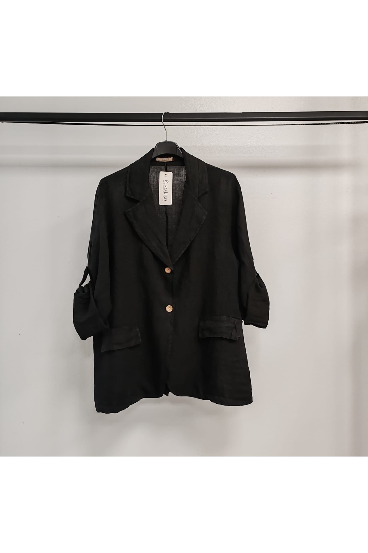 Women's Black Italian Folded Sleeve Loose Linen Jacket