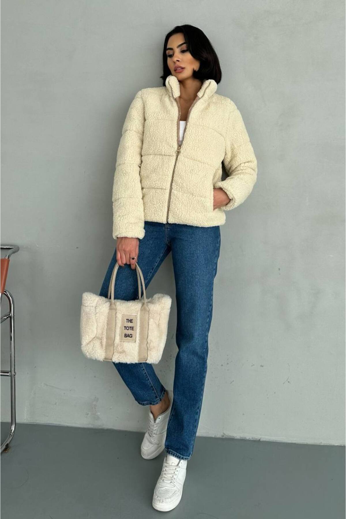Damen Daunenjacke Plüsch Teddy-Stoff Beige - Görsel 5