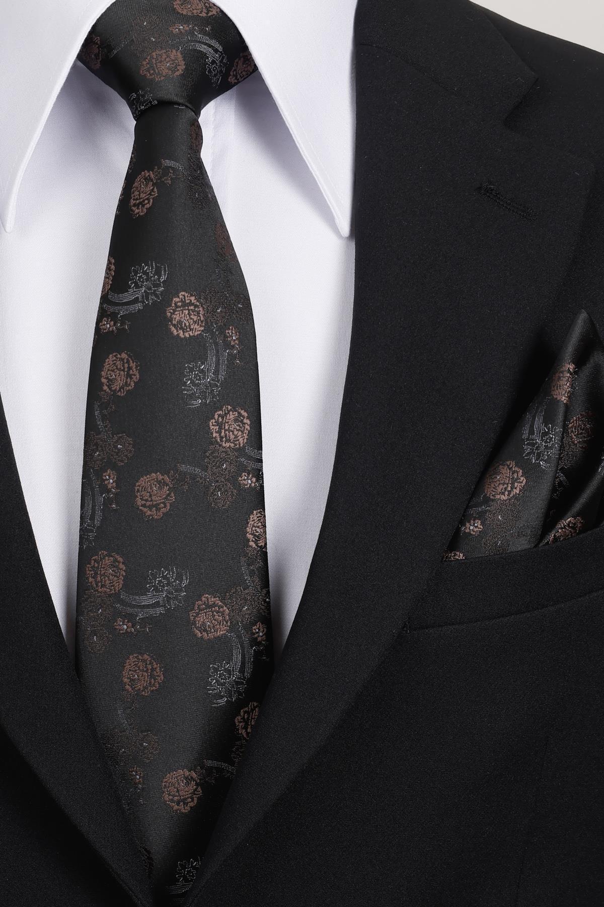  کراوات جیبی طرح گلدار مشکی - قهوه‌ای دست‌ساز کلاسیک پهن ۸ سانتی‌متری