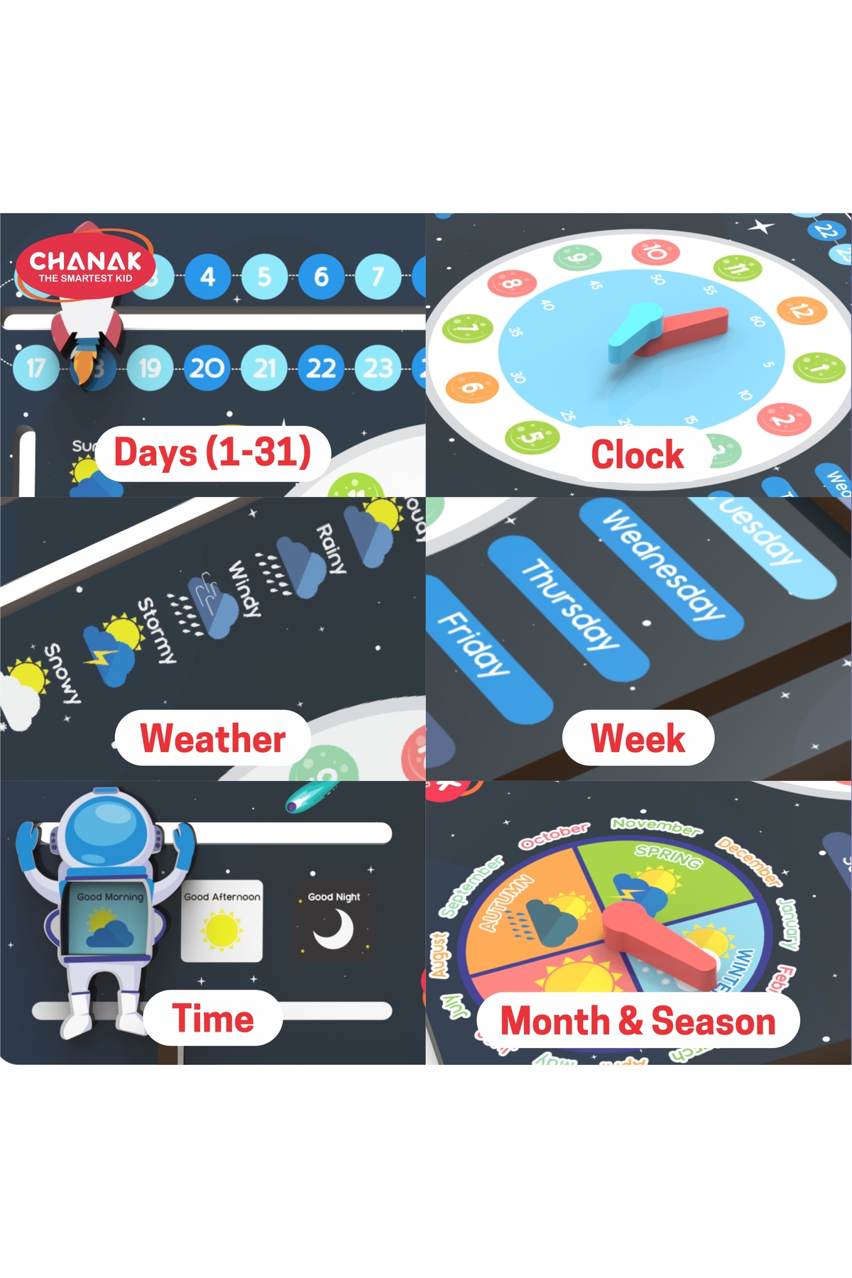 ساعت چوبی آموزشی فضایی برای کودکان | آموزش زمان، تاریخ، هفته، ماه و آب‌وهوا