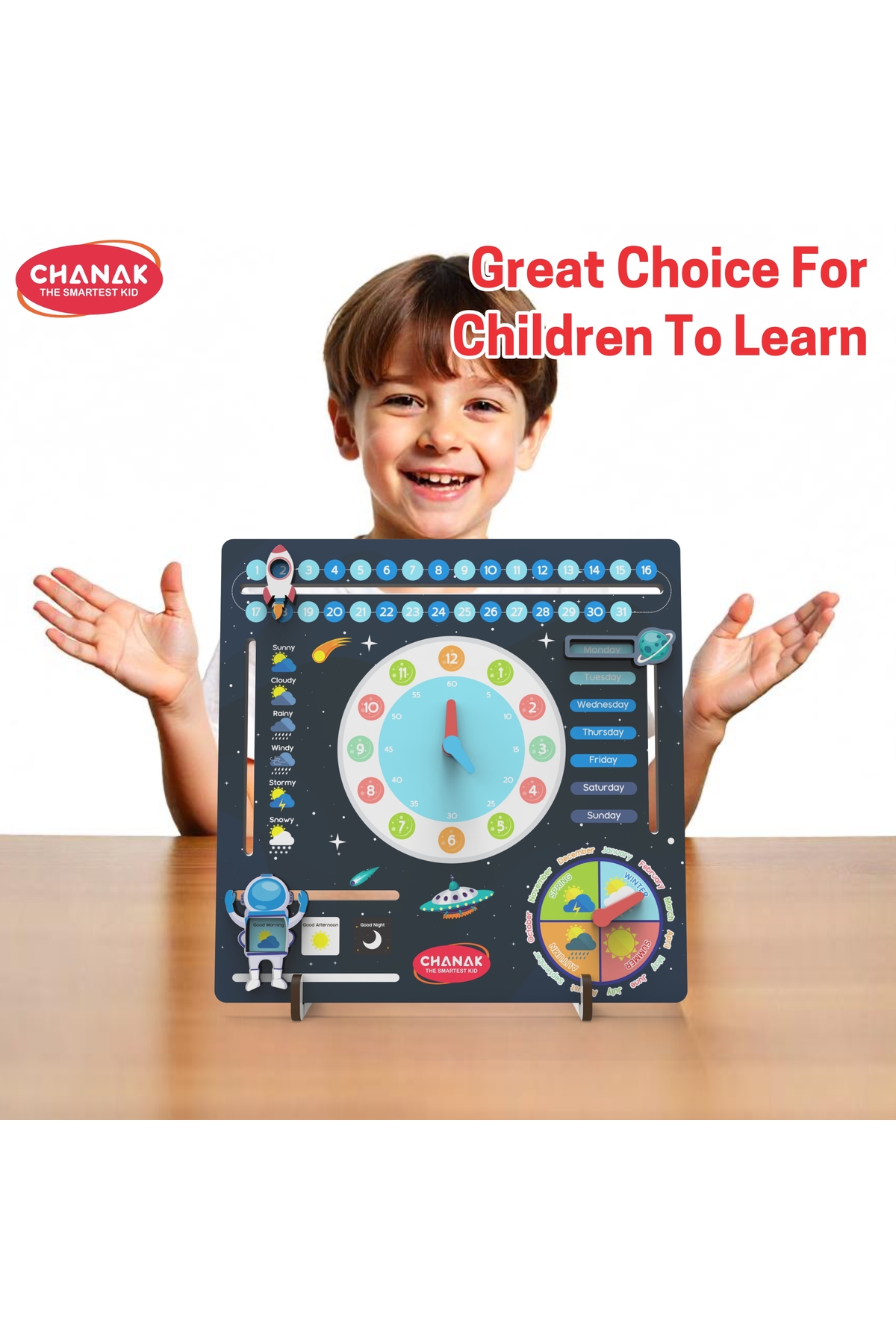 ساعت چوبی آموزشی فضایی برای کودکان | آموزش زمان، تاریخ، هفته، ماه و آب‌وهوا