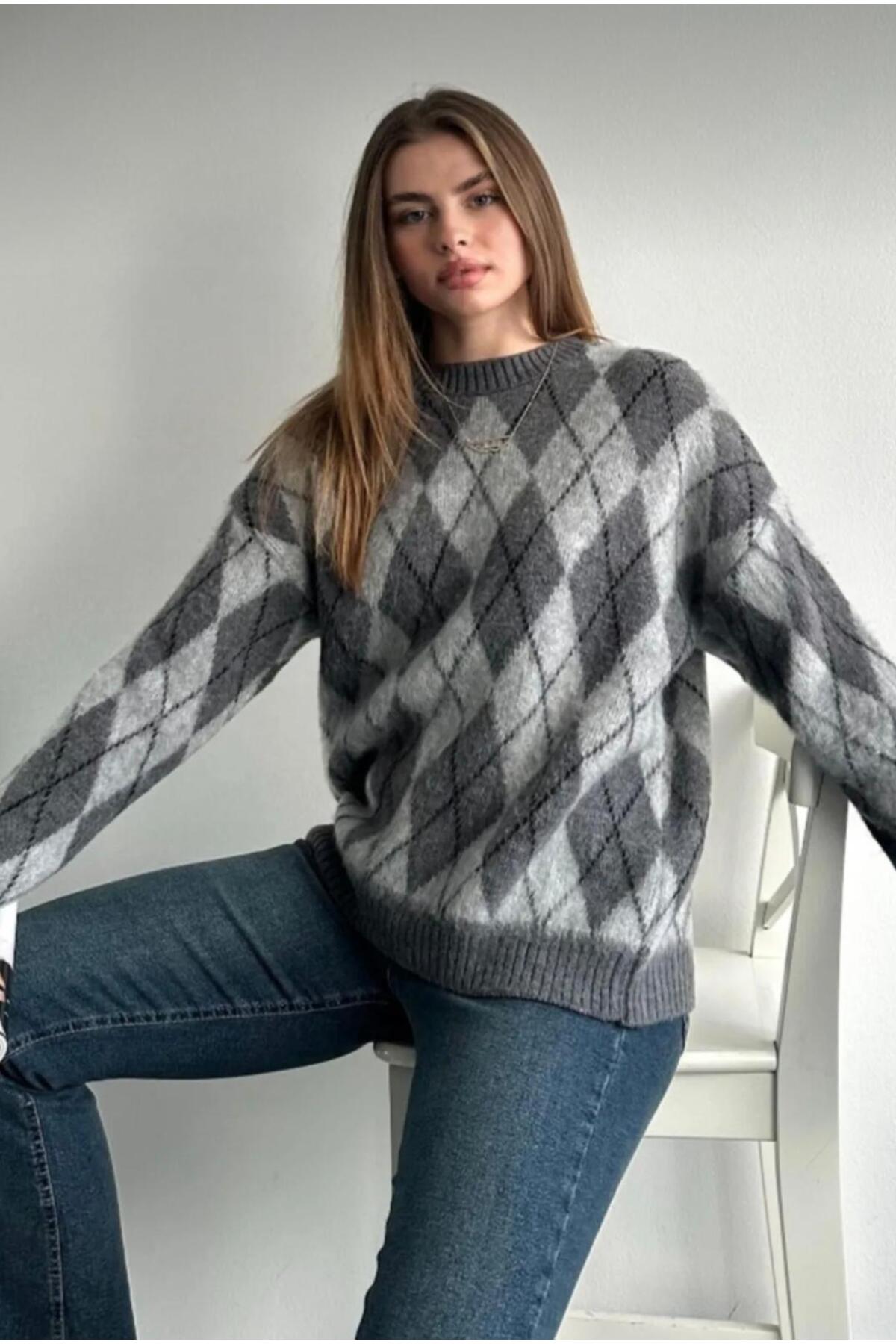 DAĞON'S  DGN'S ÖZEL BAKLAVA DESEN KADIN TRİKO ŞARDONLU KAZAK - Görsel 3