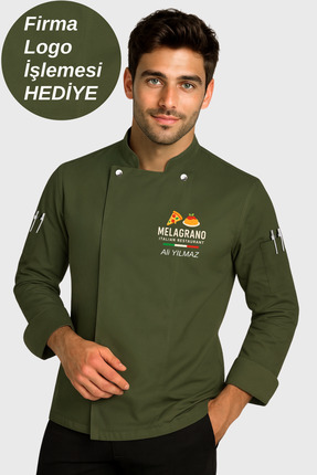 Üniformanya Firma Logo İşlemesi Hediyeli Aşçı Ceketi Haki Şef Ceketi Aşçı Kıy...