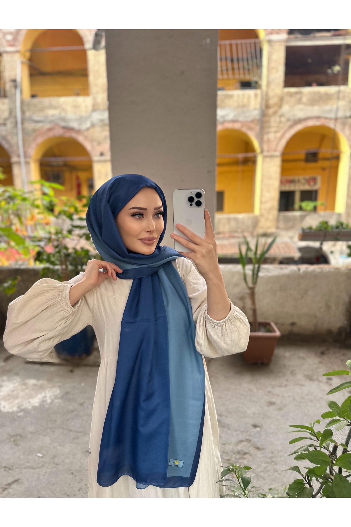 CUOCA LOUNGE  Degrade Desenli Lacivert Soft Pamuk Şal - Görsel 4