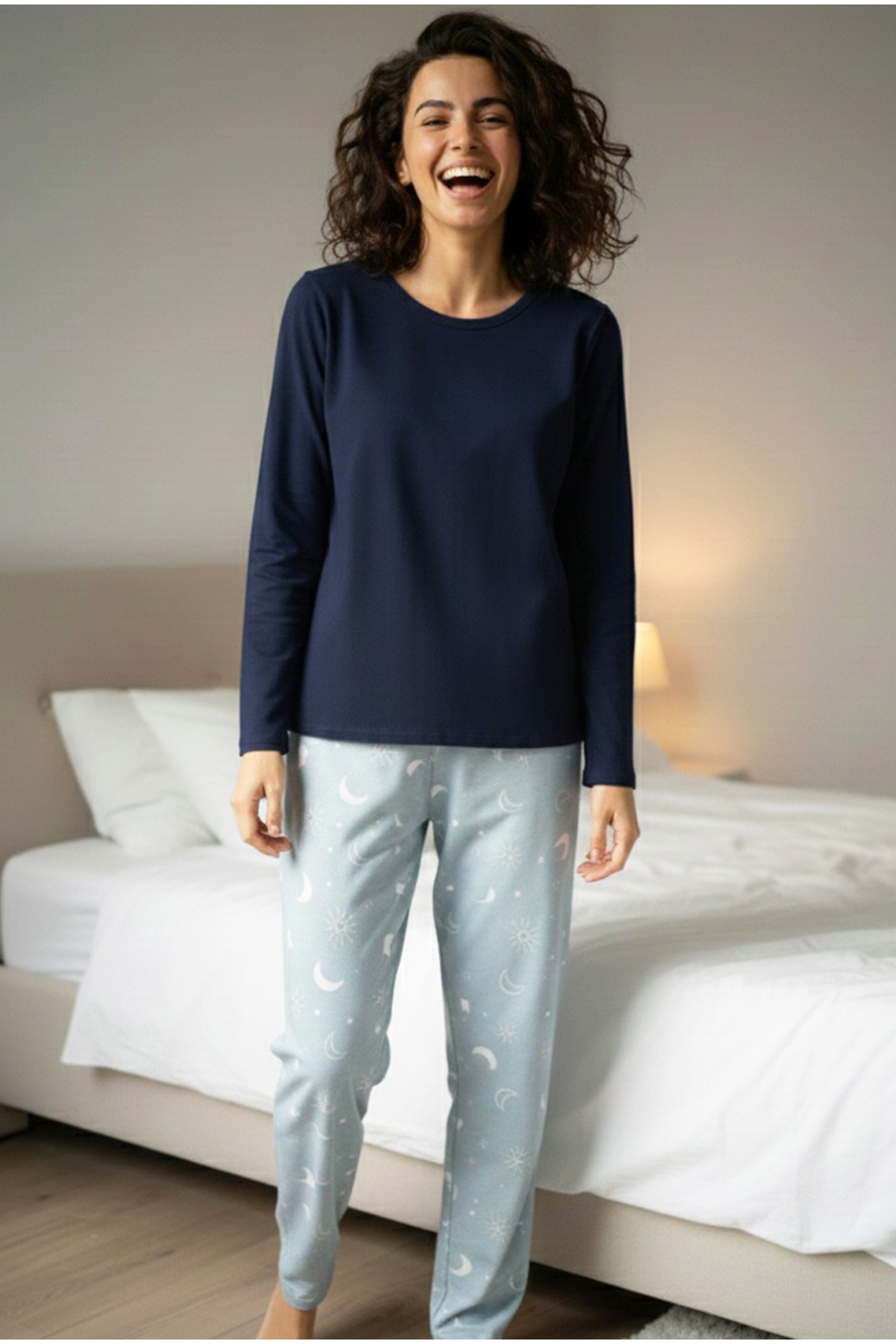 Siyah İnci mavi ay desenli Pamuklu Örme Pijama Takım 7974 görsel 2
