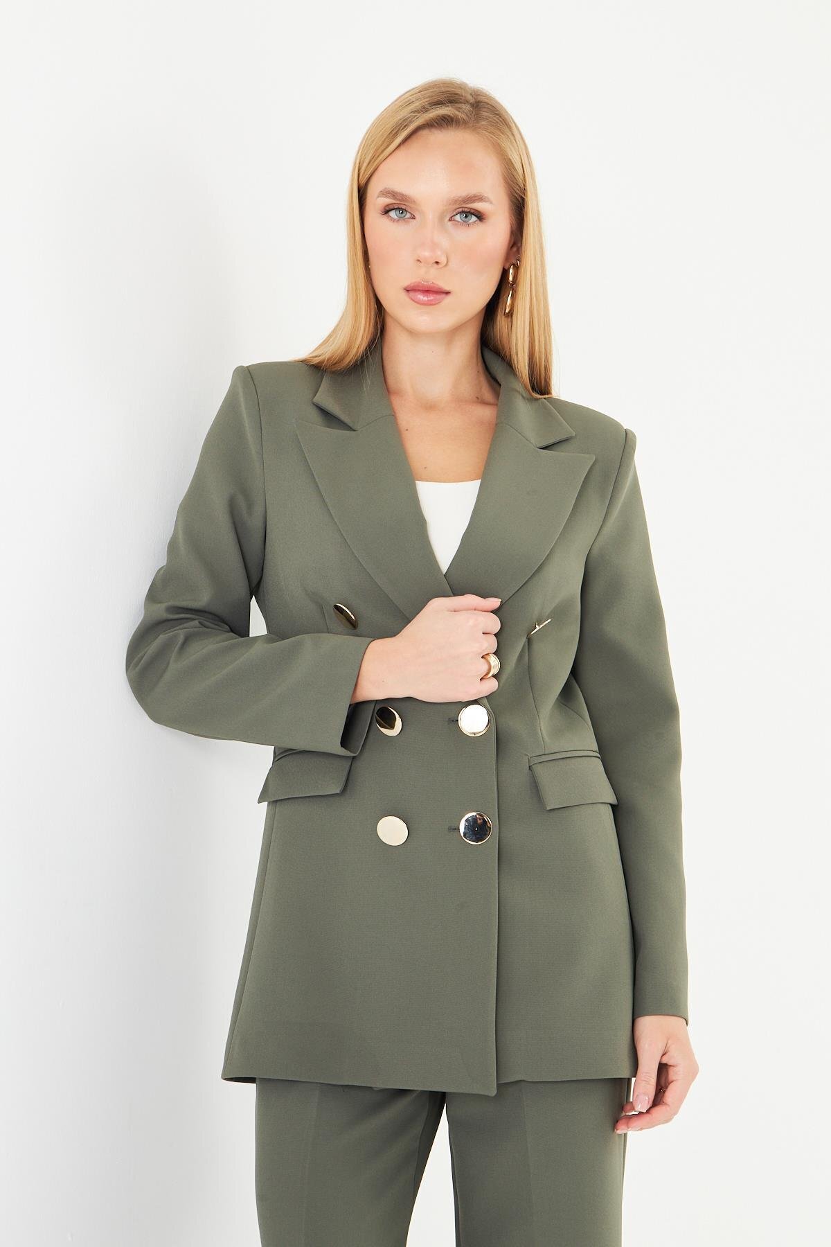 LOVELF Premium Büyük Gold Düğmeli Kruvaze Takım Haki