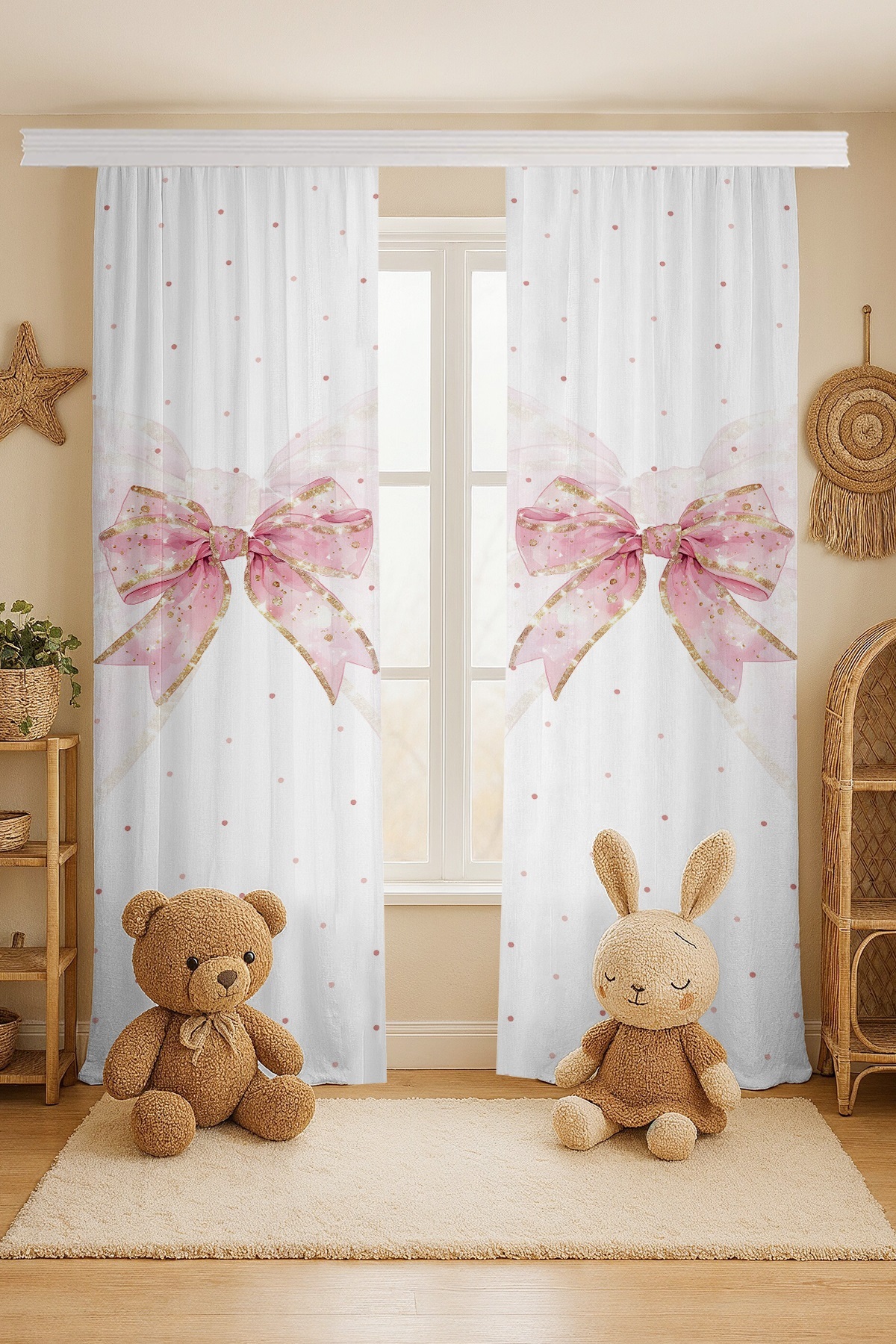 Evpanya Pembe Simli Puantiyeli Fiyonk Desenli Çocuk Bebek Odası Fon Perde (Tek Kanat Fiyatlandırma) fotoğrafı 3 (önizleme)
