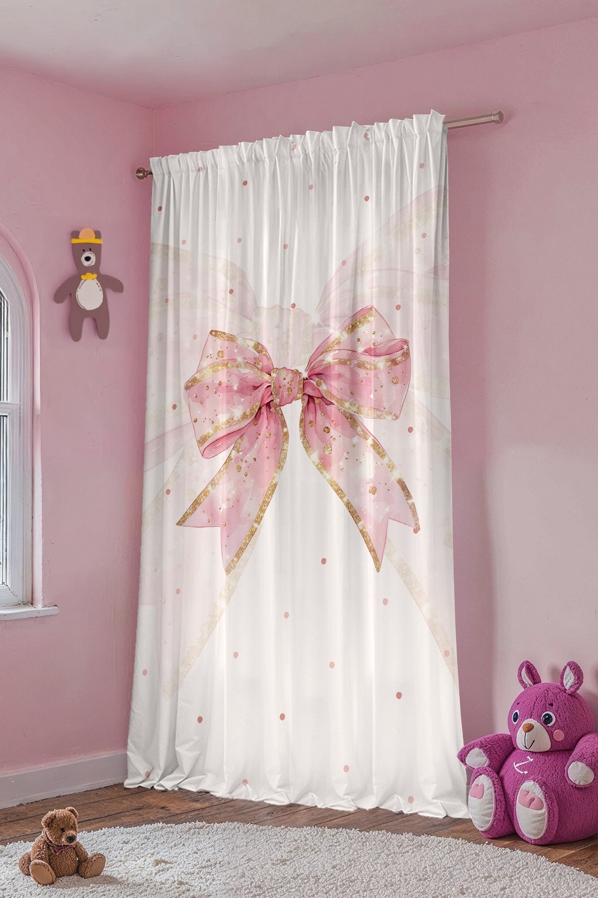 Evpanya Pembe Simli Puantiyeli Fiyonk Desenli Çocuk Bebek Odası Fon Perde (Tek Kanat Fiyatlandırma) fotoğrafı 4 (önizleme)