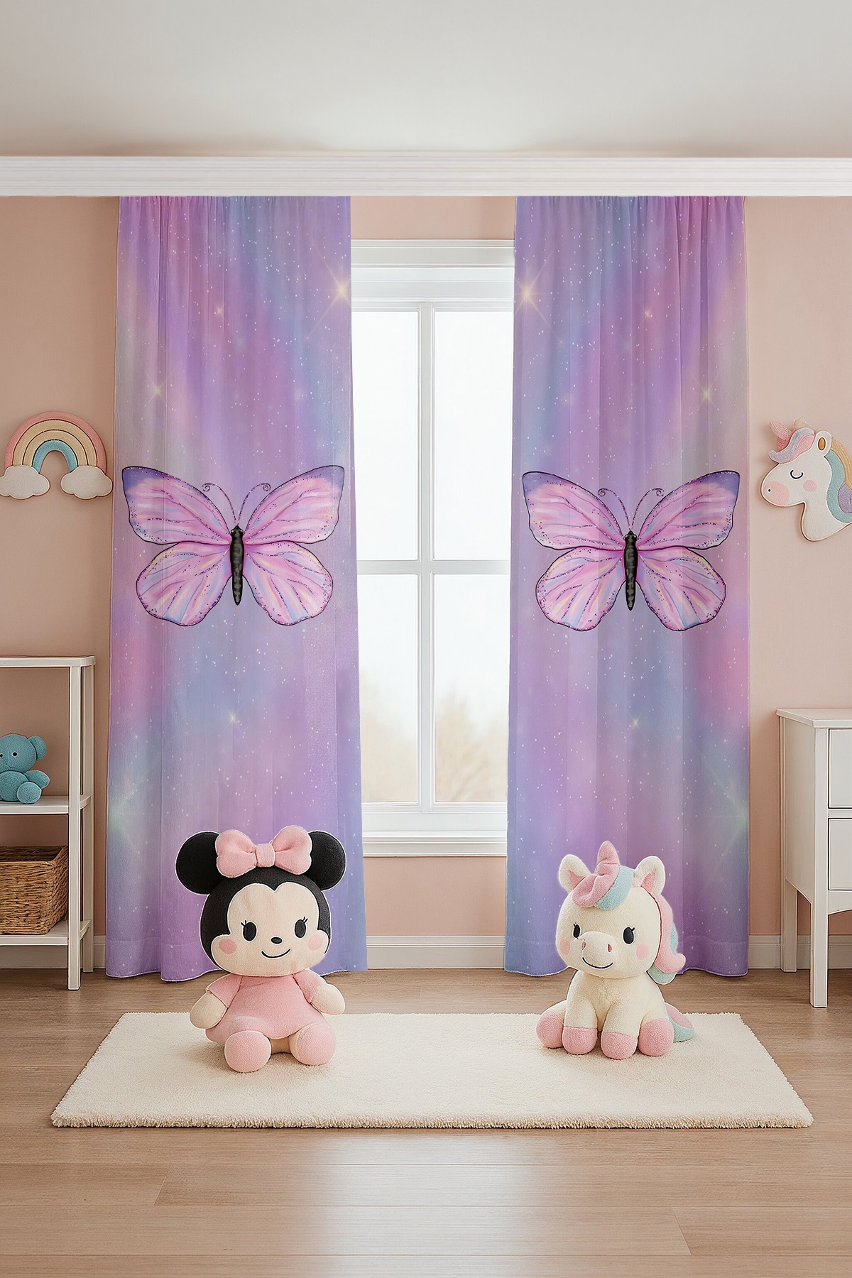 Evpanya Işıltılı Kelebek Desenli Çocuk Bebek Odası Fon Perde (Tek Kanat Fiyatlandırma) fotoğrafı 3 (önizleme)