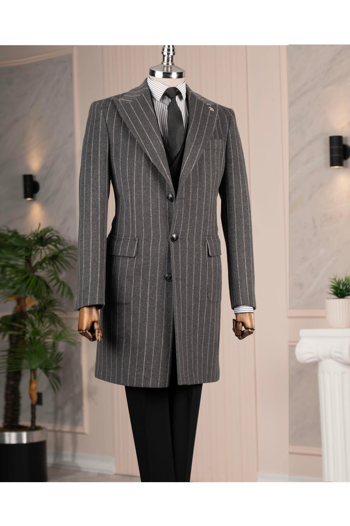 TerziAdemAltun İtalyan stil slim fit sivri yaka yün karışımlı kaşe erkek kaban antrasit T14718