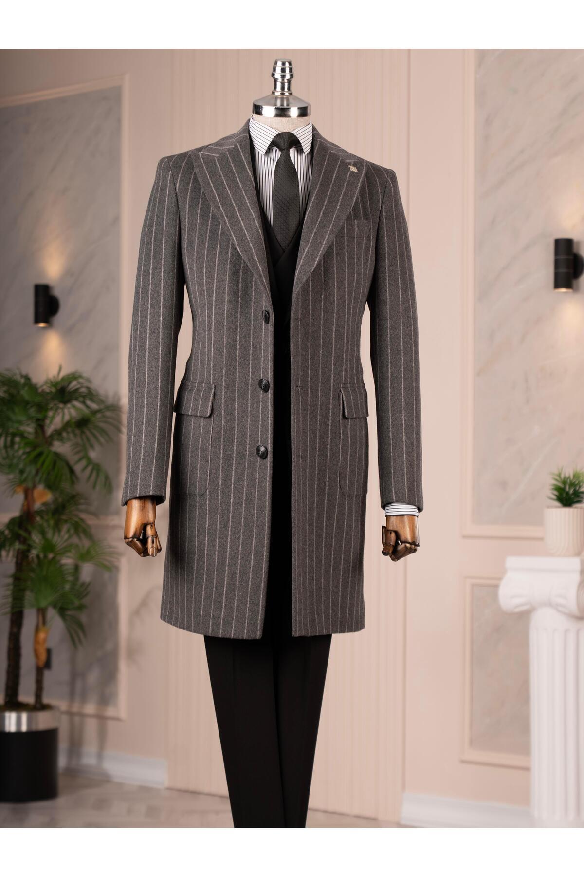 TerziAdemAltun İtalyan stil slim fit sivri yaka yün karışımlı kaşe erkek kaban antrasit T14718 görsel 4