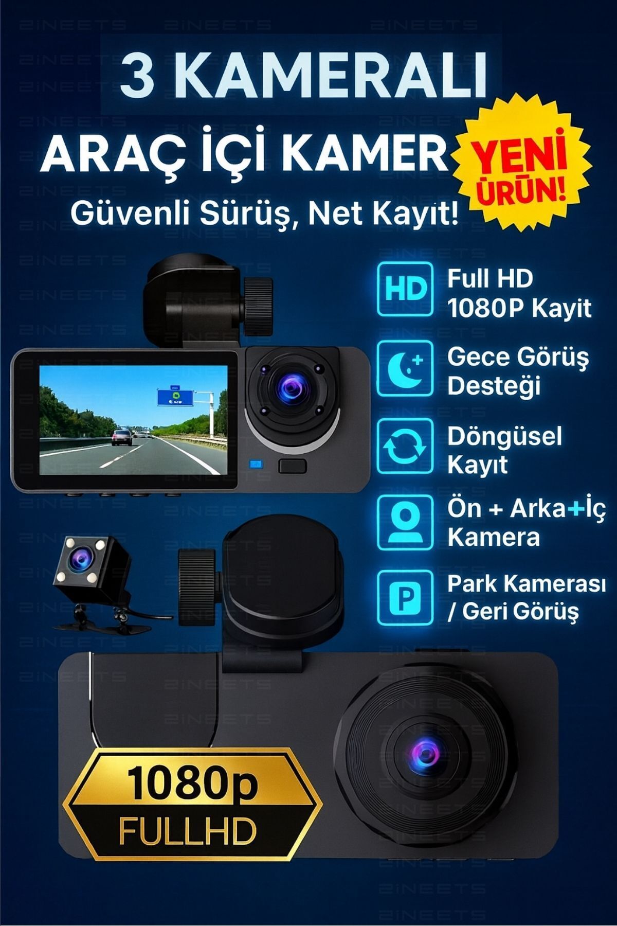Zineets Siyah 1080p Araç içi 3 Kameralı Lcd Ekranlı Gece Görüşlü G-sensör Geri Görüş Kamera