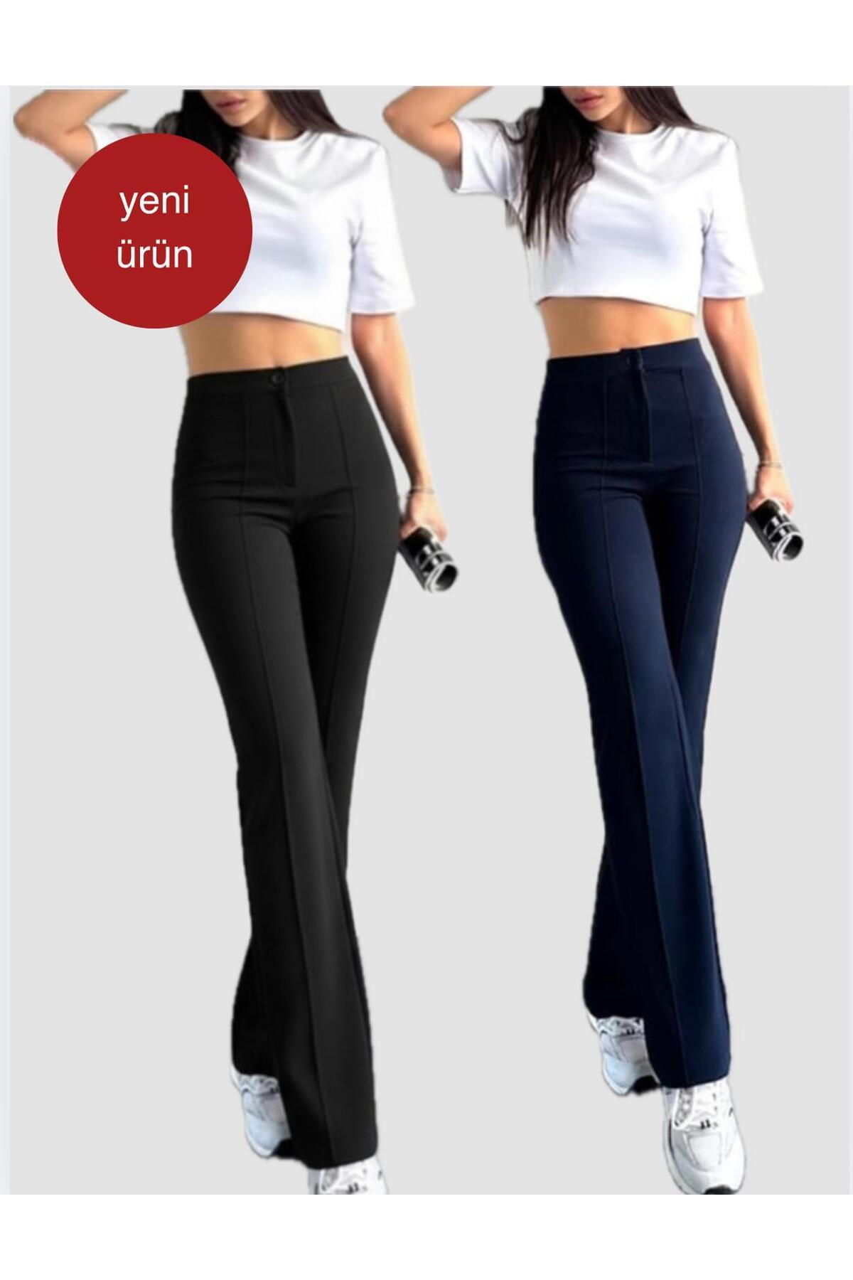 glanour Dámske čierne a tmavomodré nohavice s vysokým pásom, zoštíhľujúce, zo...