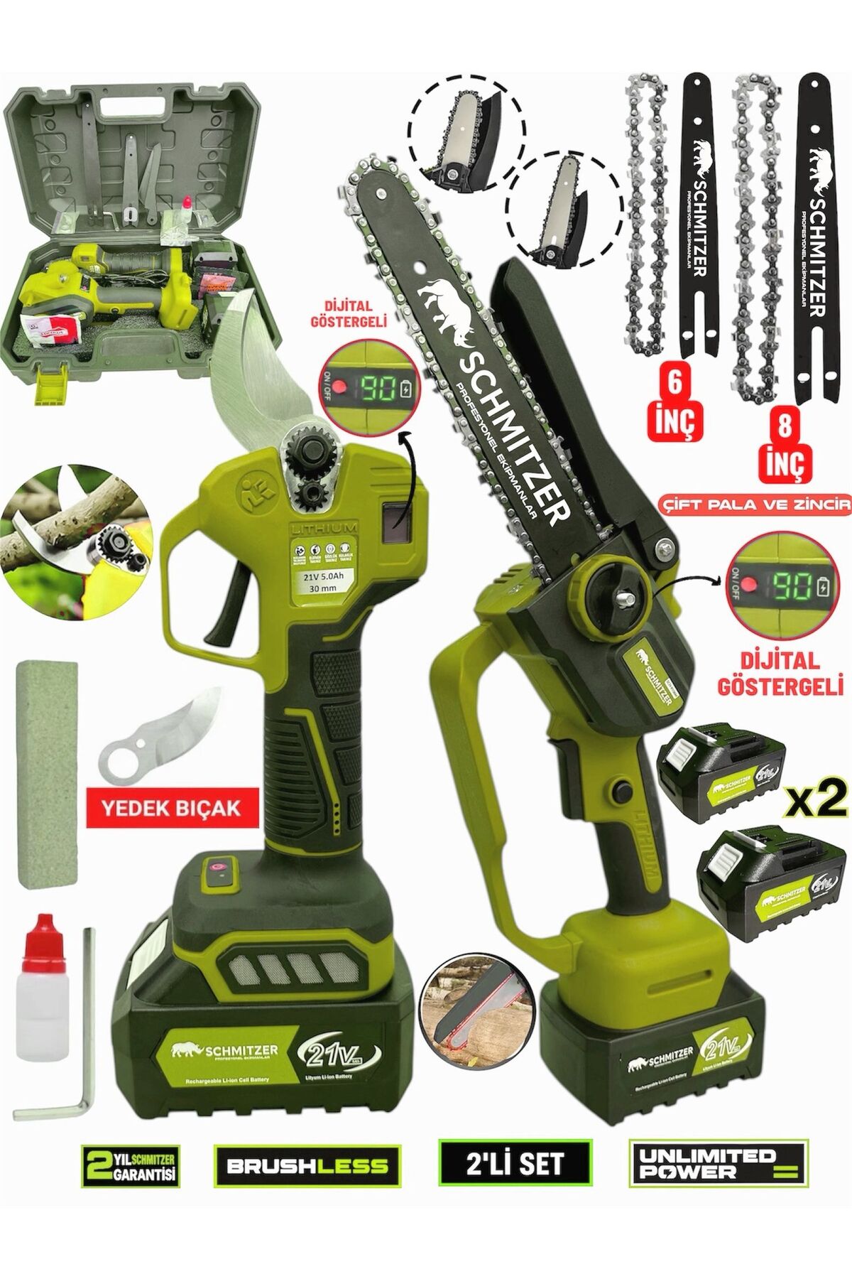 SCHMITZER 2'Li Pro Set 21V Çelik Şanzuman 2 Pala ve Zincir Şarjlı