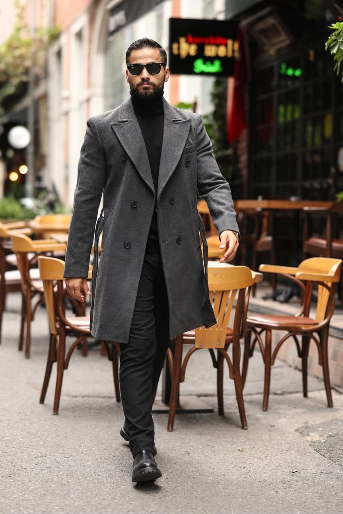 Füme Kemerli Erkek Modern Fit Kaşe Kaban — خاکستری 2504