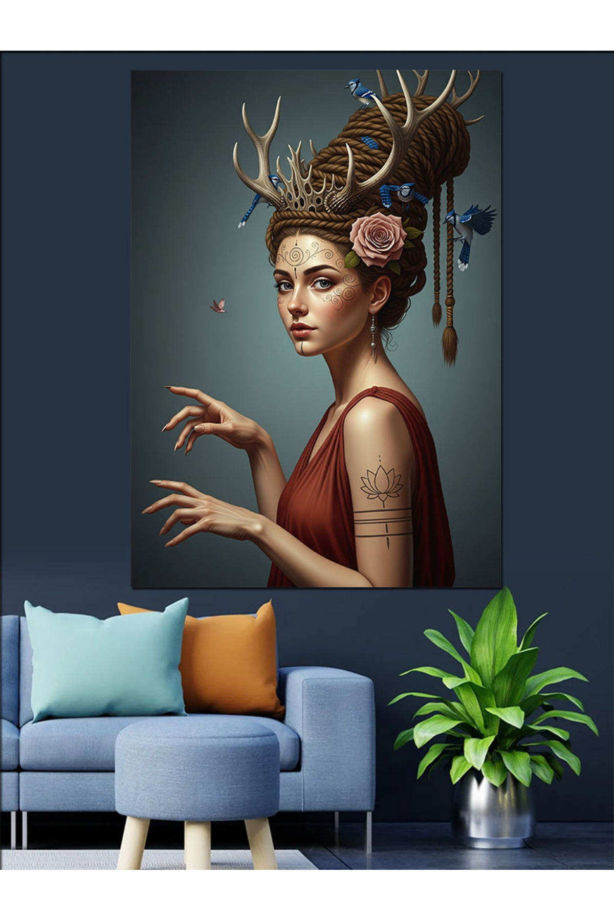 Boynuzlu Kadın Yüksek kaliteli yağlı boya dokulu Kanvas Canvas Tablo kanvas tablo canvas tablo duva