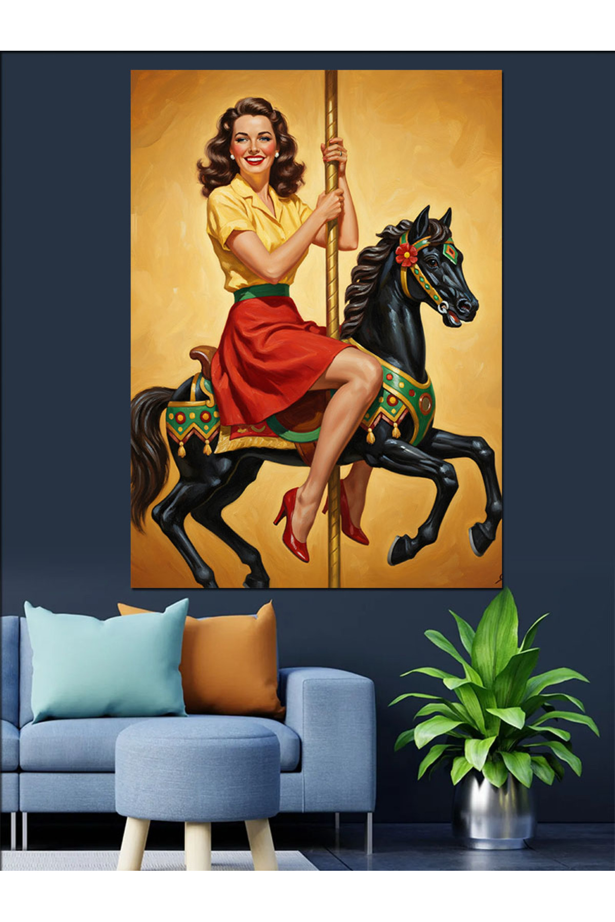 At Üstünde Pin-Up Yüksek kaliteli yağlı boya dokulu Kanvas Canvas Tablo kanvas tablo canvas tablo d