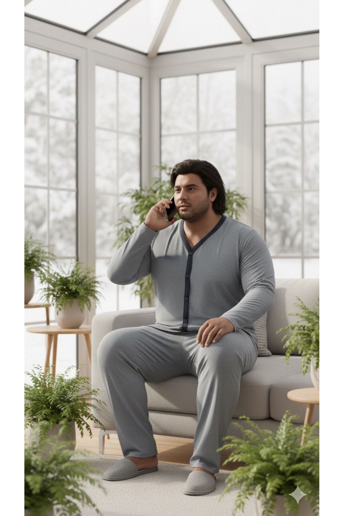 Sude HOMEWEAR Erkek Uzun Kol Gömlek Gri Renk Büyük Beden Pijama Takımı görsel 3