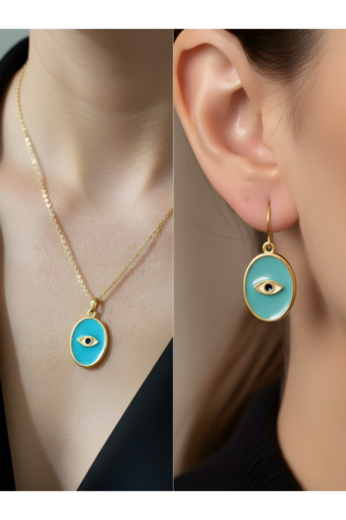 TURBİJ Turkuaz Nazar Oval Minimal Kadın Kolye Küpe Set
