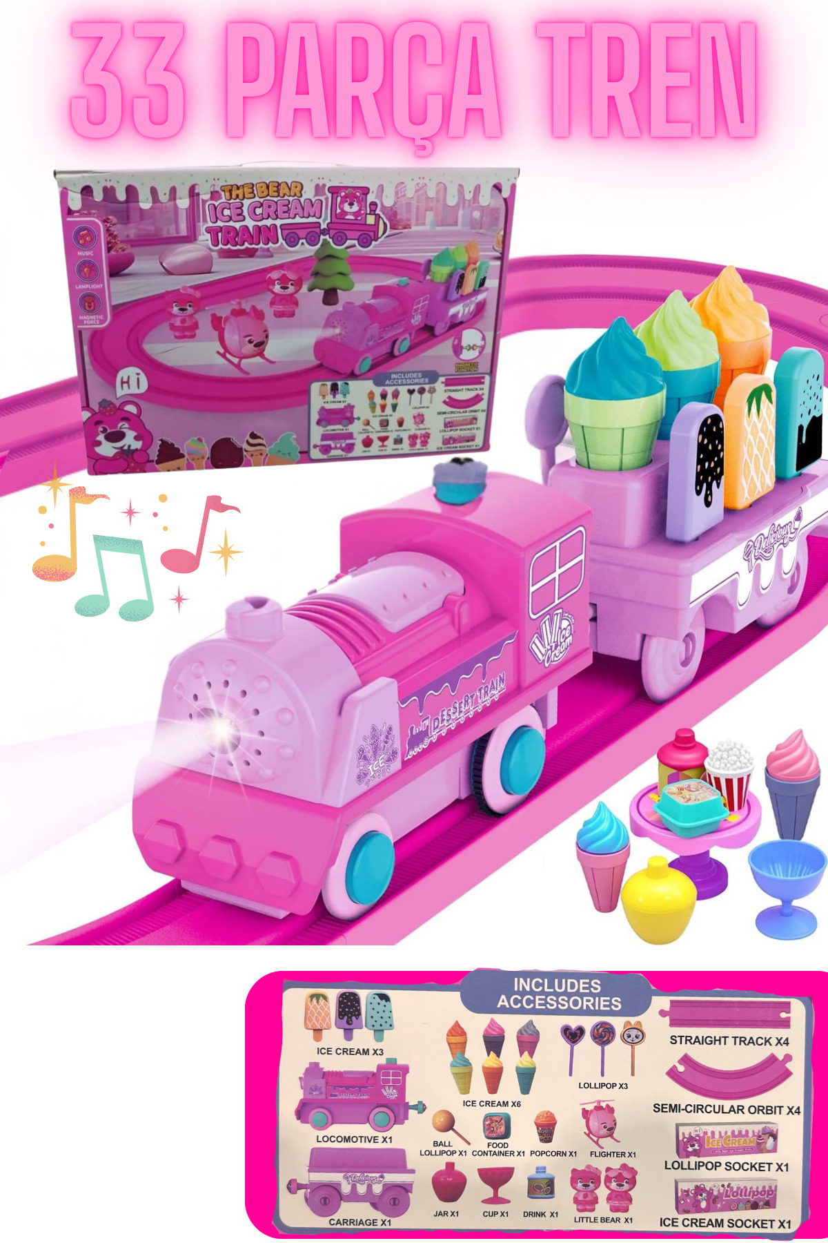welcomein Oyuncak Sesli ve Işıklı Pembe Dondurma Treni Train