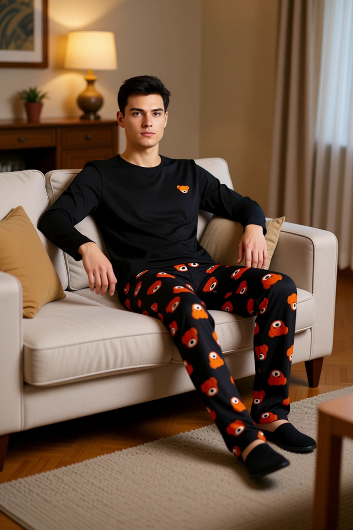 Ayıcık Baskılı Bisiklet Yaka Uzun Kollu Pijama Takımı Erkek Fonksiyonel Dayanıklı Kaliteli