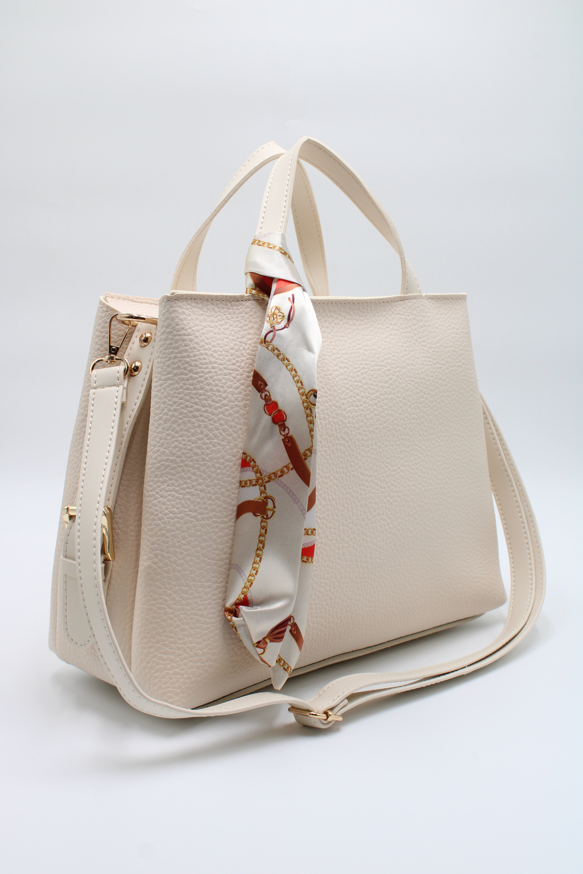 Women's Cream Double Handle Scarf Detailed Handy Crossbody Hand and Shoulder Bag with Oversized Inner Pockets